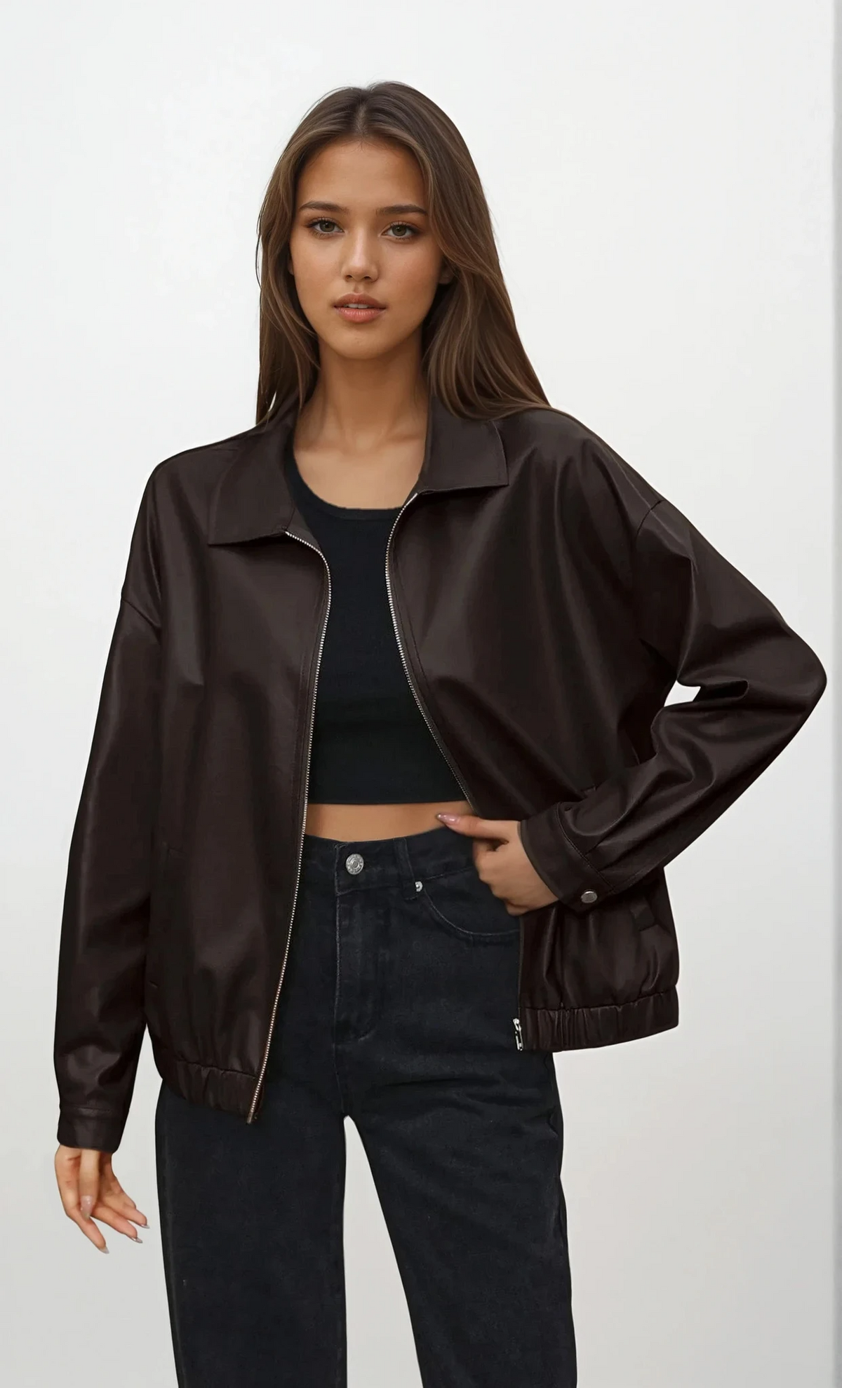 Faux leather full zip jacket with a collared neck and long sleeves