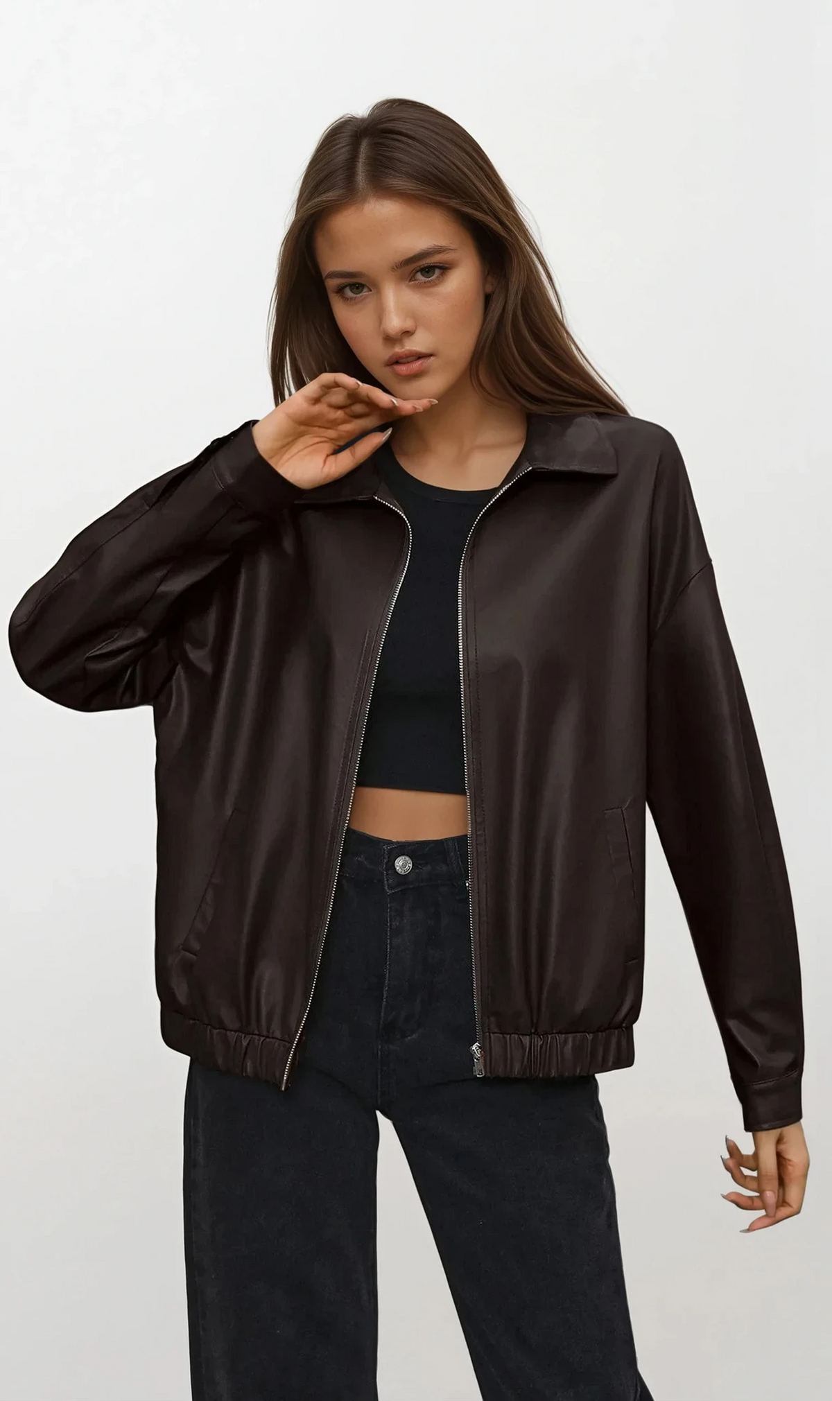 Faux leather collared full zip jacket with long sleeves