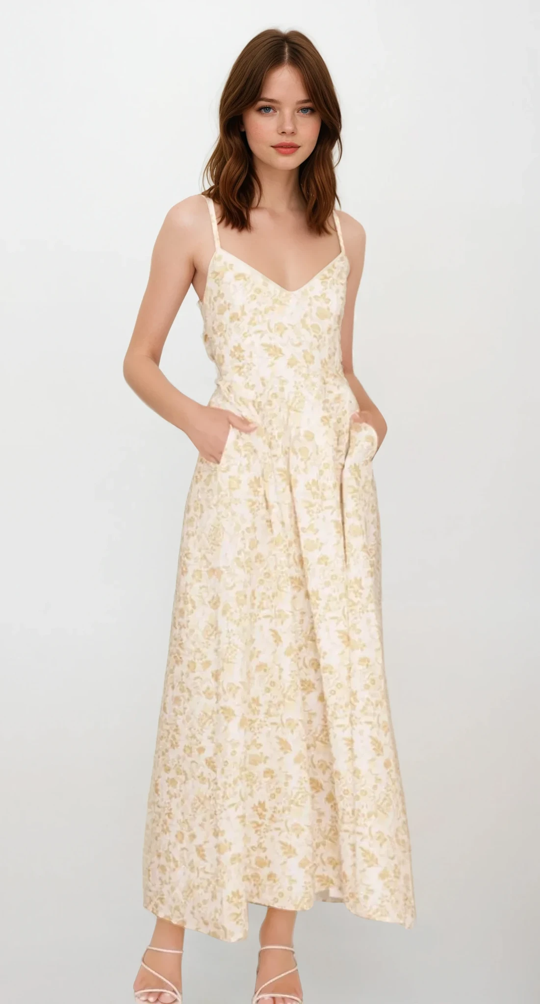 Fleuron Bow Back V-Neck Cami Dress by Trendsi featuring a lightweight fabric, elegant V-neck, and bow-back detail in a stylish design.