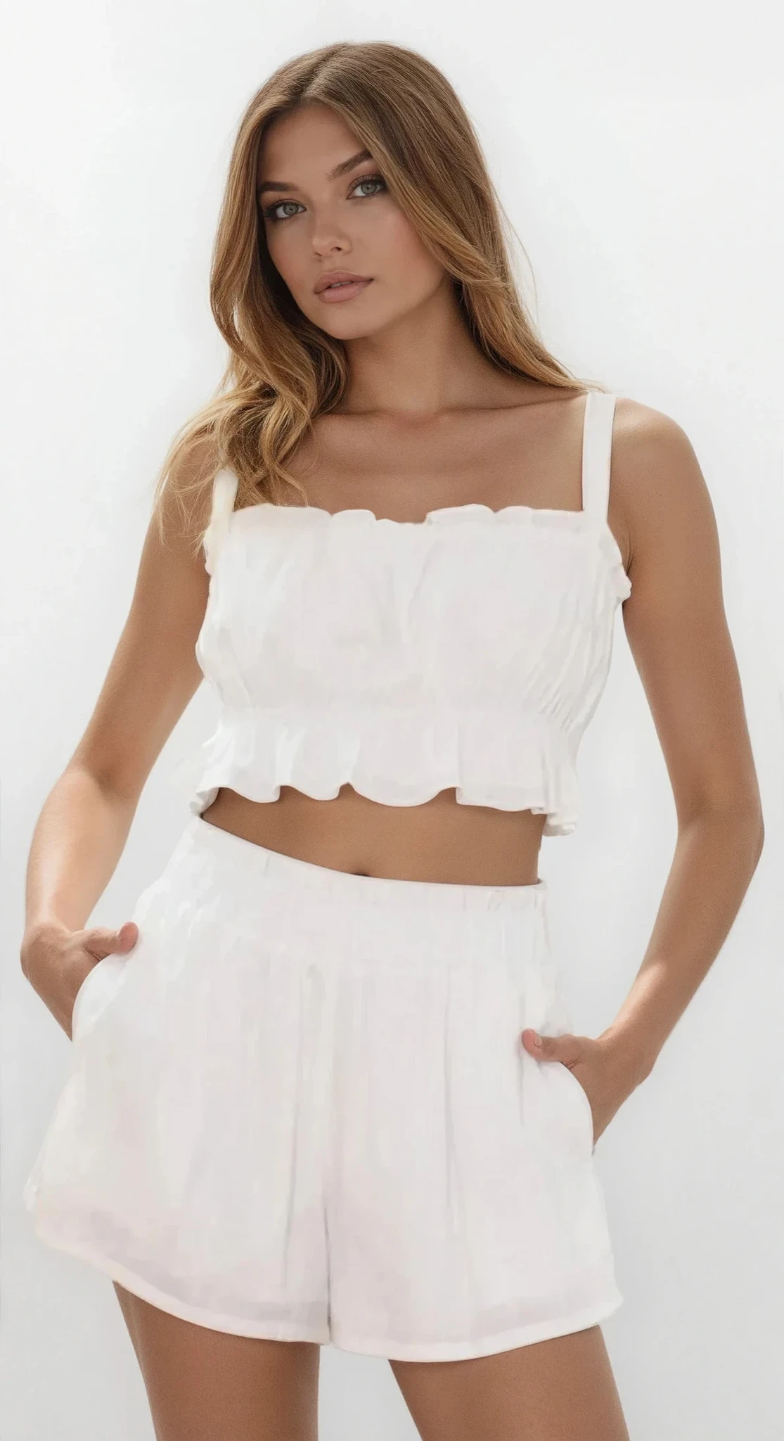 Light blue Ines Ruffle Square Neck Cami and Shorts set by Trendsi, featuring ruffled details and a stylish, coordinated summer look.