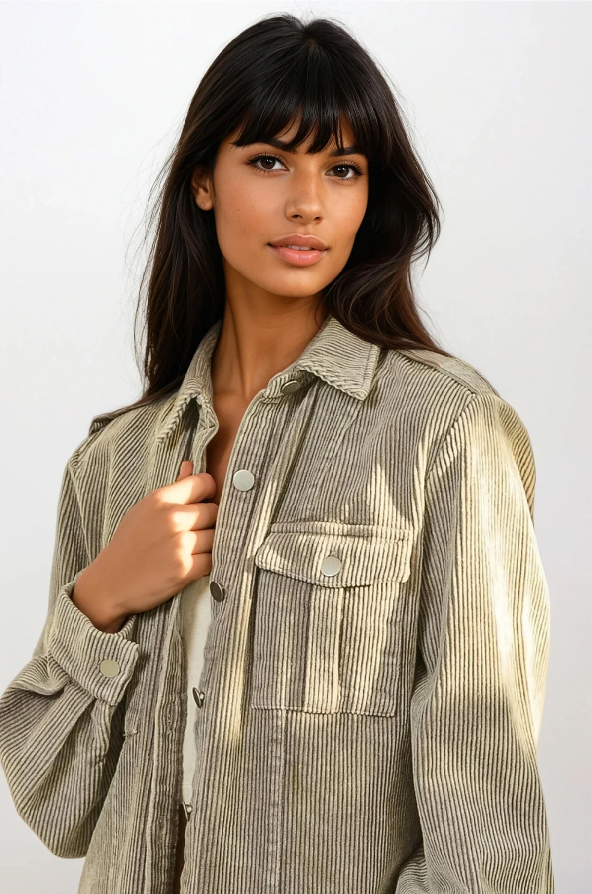 Fog button-up corduroy shacket with long sleeves and ribbed texture