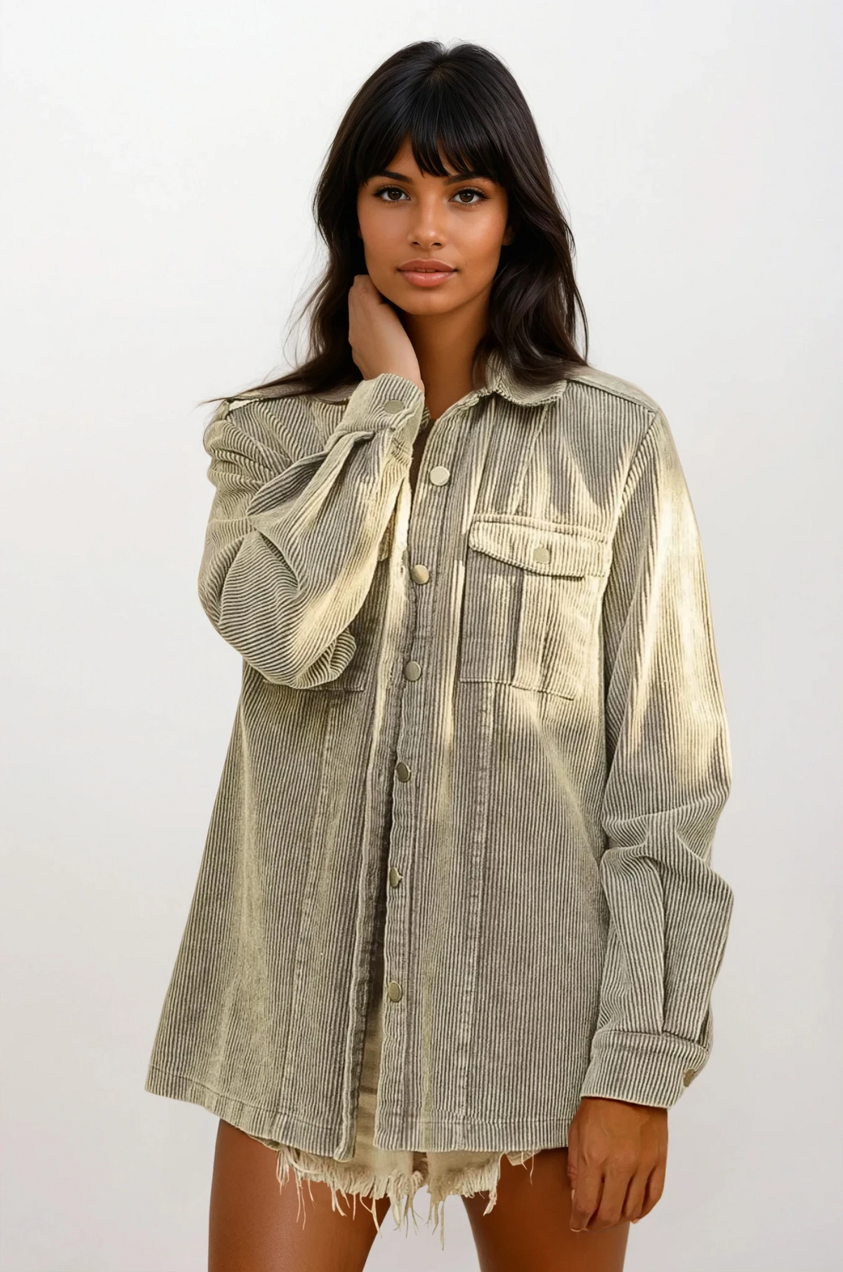 Fog button-up corduroy shacket with ribbed texture and long sleeves