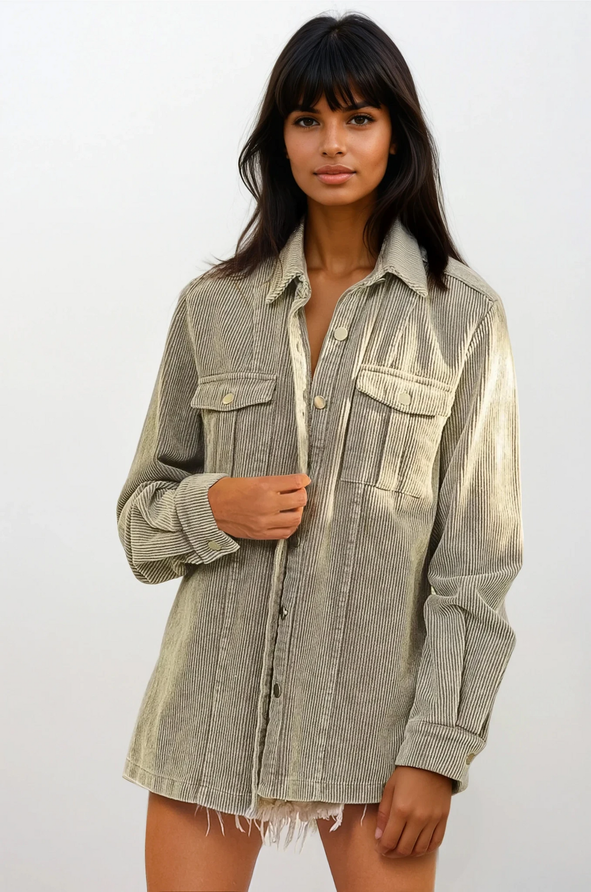 Fog button-up corduroy shacket with ribbed texture and long sleeves