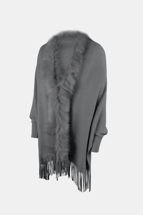 Fringe open front long sleeve poncho in solid pattern