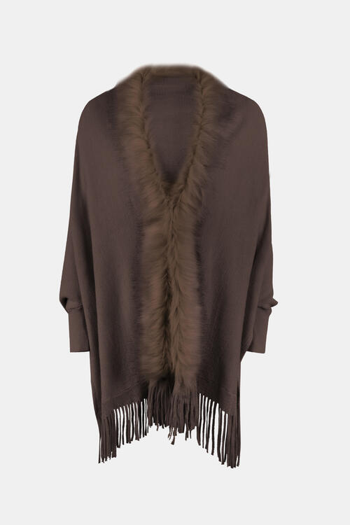 Fringe open front long sleeve poncho in solid pattern