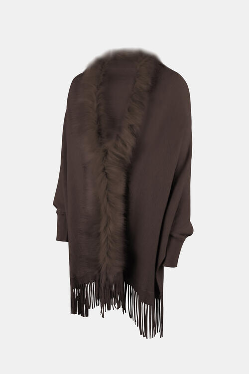 Fringe open front long sleeve poncho in solid pattern