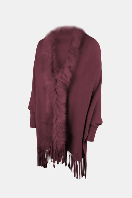 Fringe open front long sleeve poncho for layering
