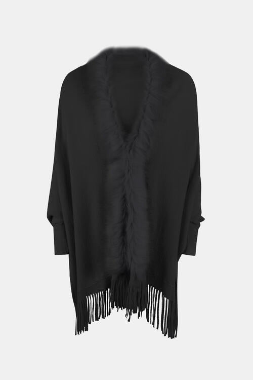 Fringe open front long sleeve poncho in solid pattern