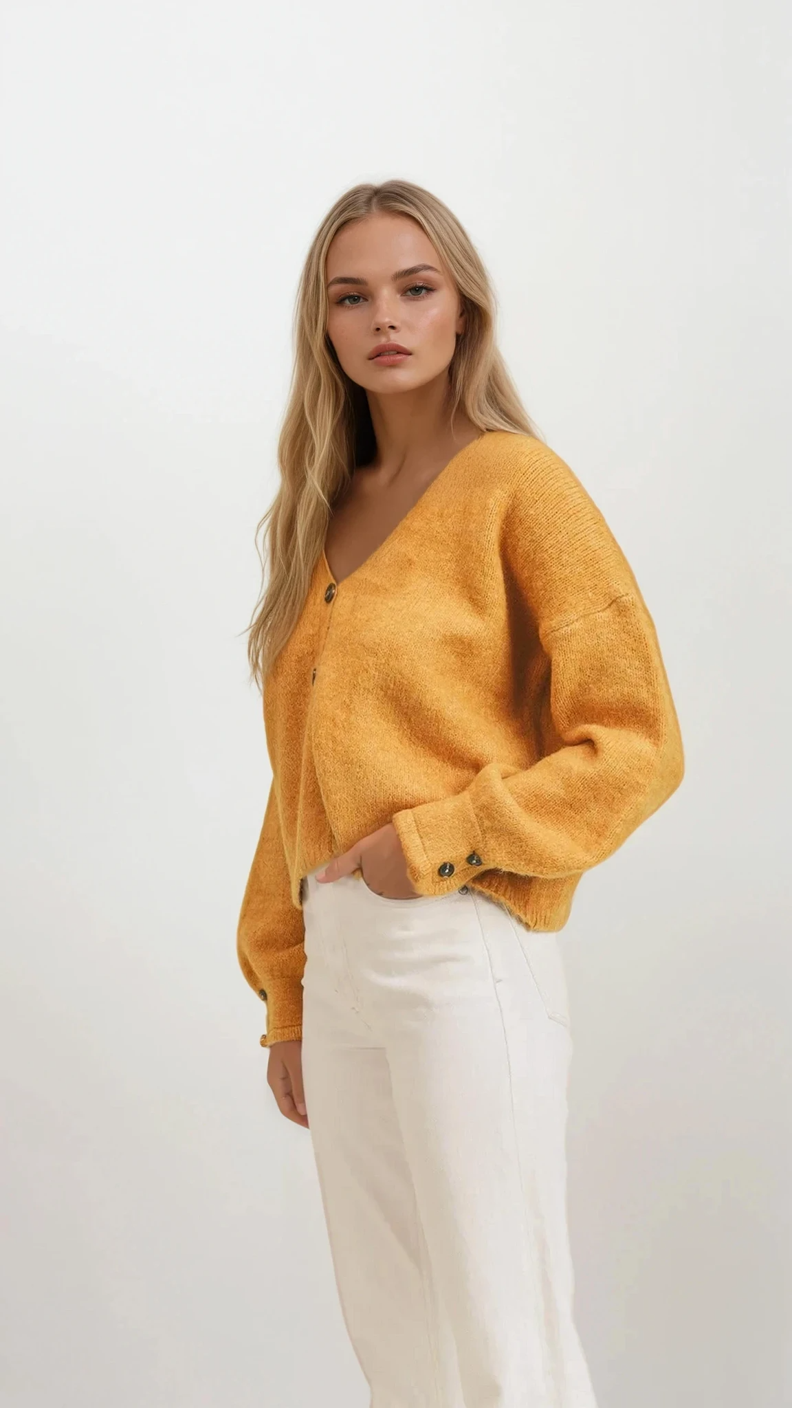 Fuzzy button-down sweater cardigan with v-neck and long sleeves