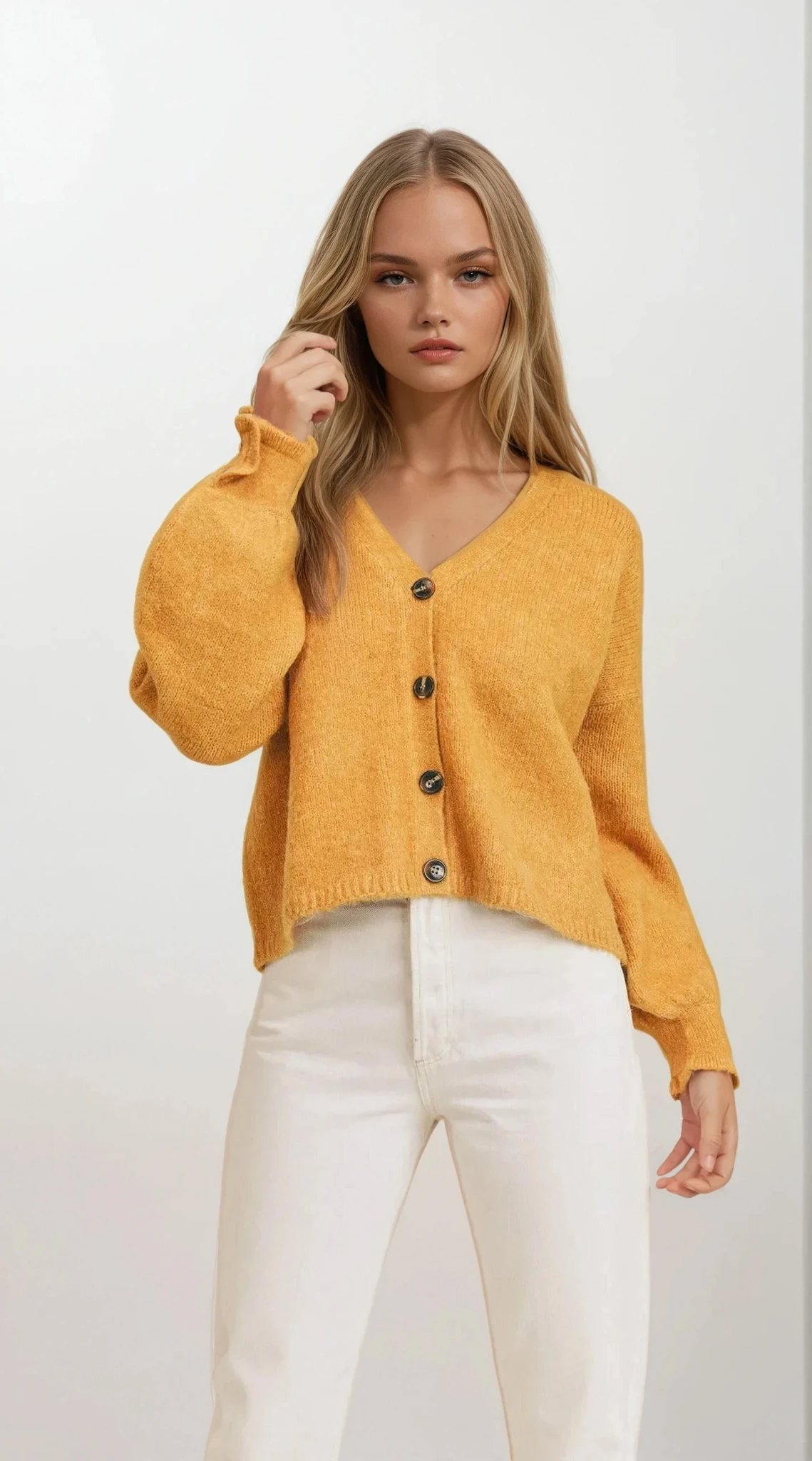 fuzzy button-down sweater cardigan with v-neck and long sleeves