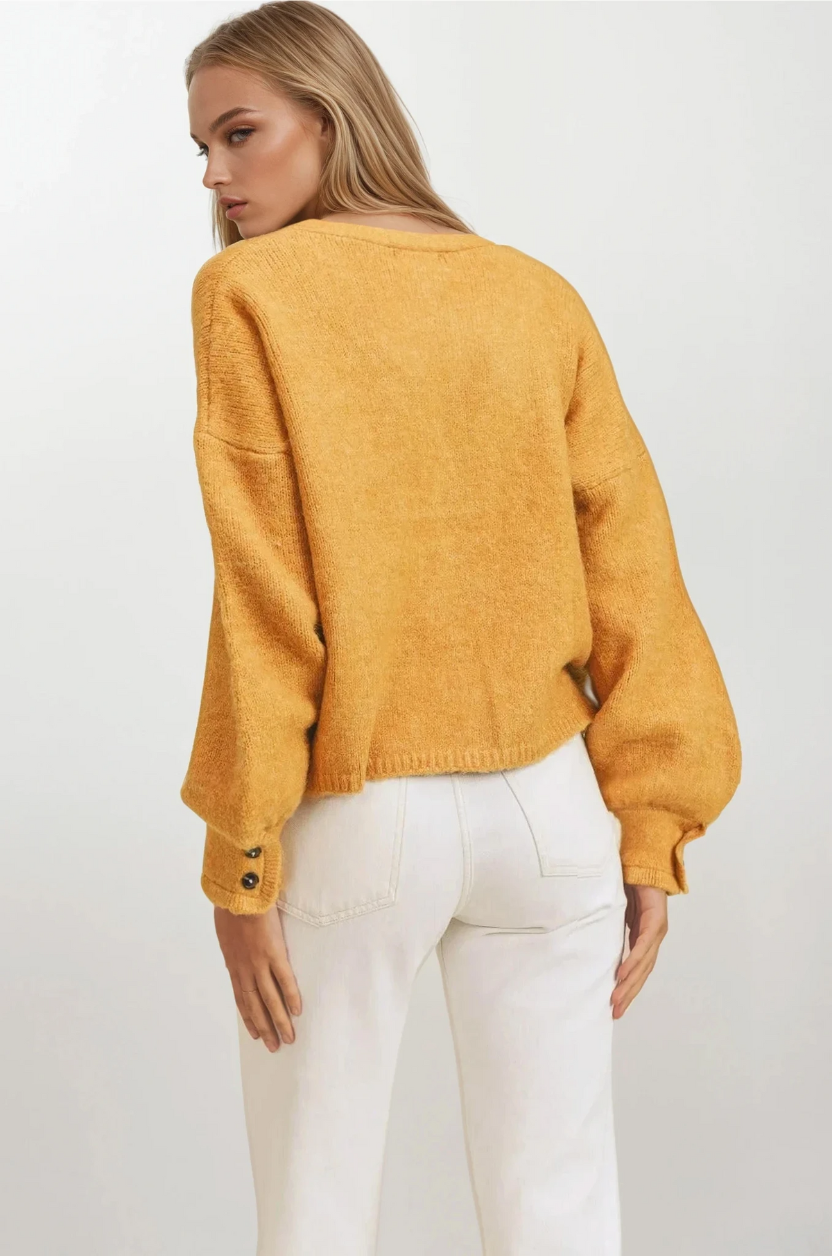 fuzzy button-down sweater cardigan with v-neck and long sleeves