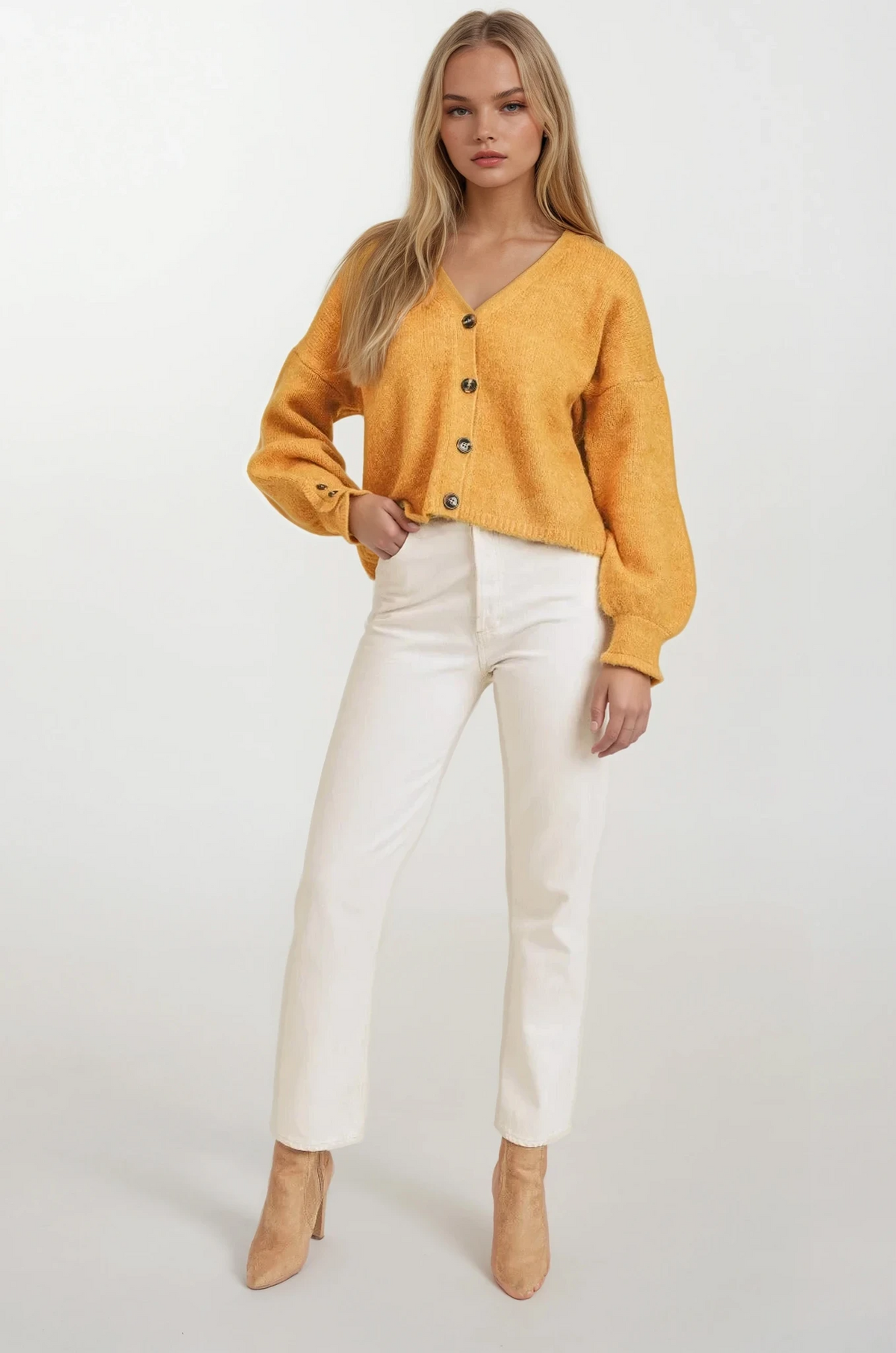 fuzzy button-down sweater cardigan with v-neck and long sleeves