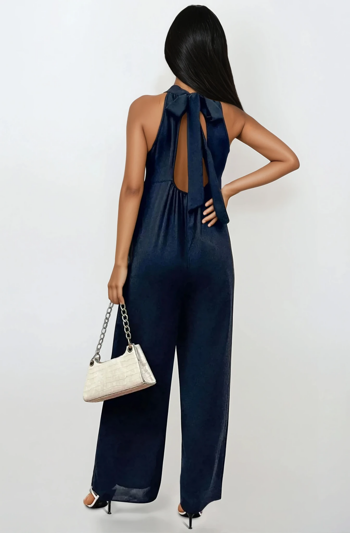 Goddess wide leg halter neck jumpsuit with backless cut and tie