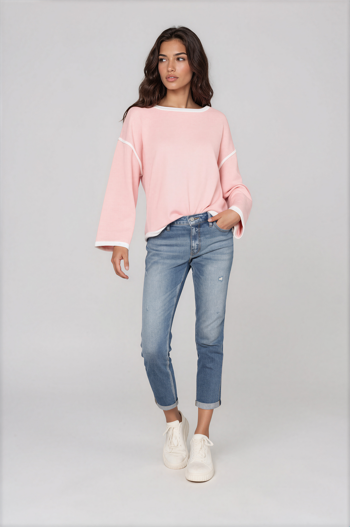 Halo Contrast Detail Dropped Shoulder Knit Top in light pink with white contrast trim, boat neckline and long sleeves