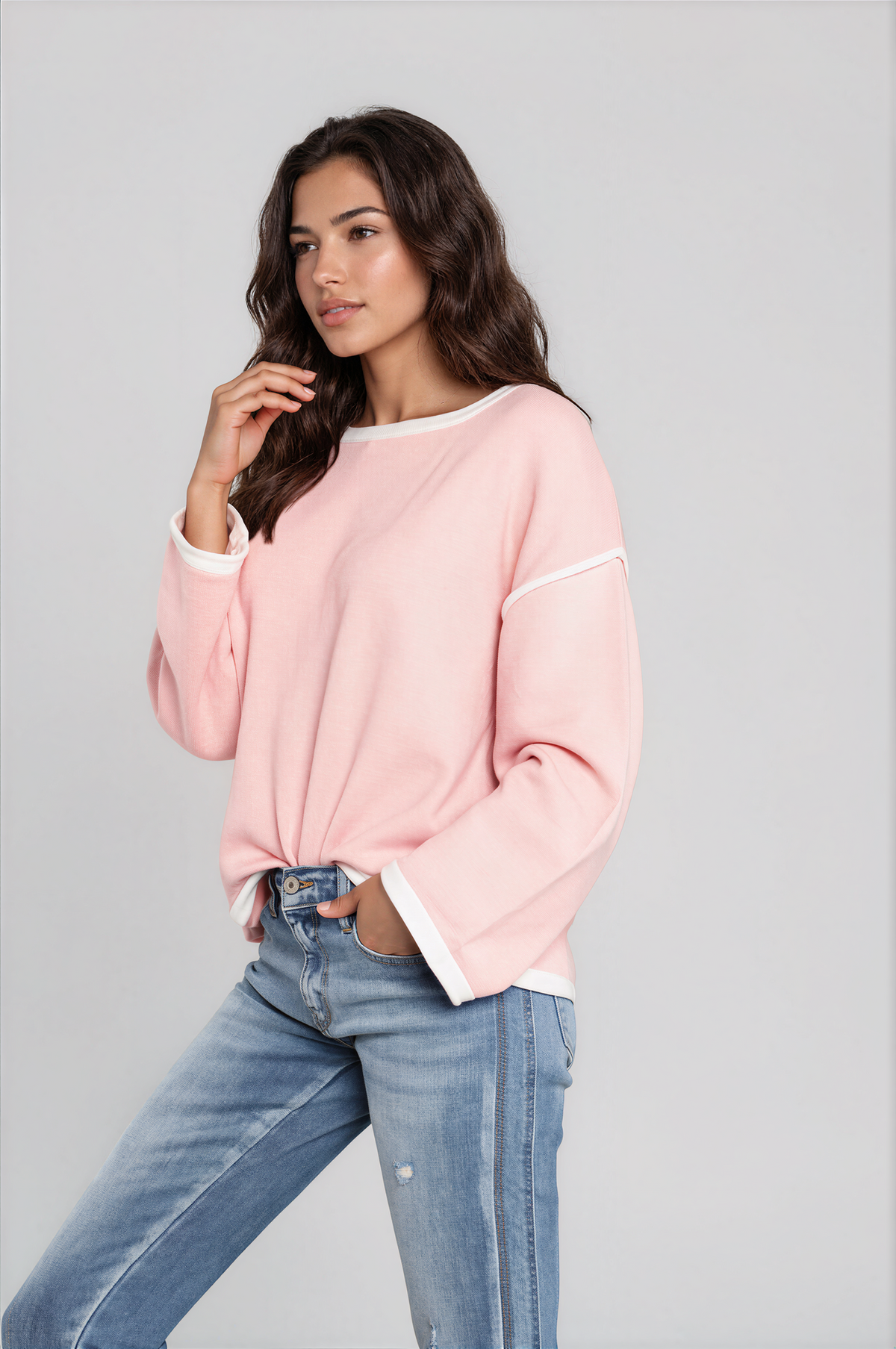 Halo Contrast Detail Dropped Shoulder Knit Top in pale pink with white contrast trim, relaxed dropped shoulders, and wide sleeves