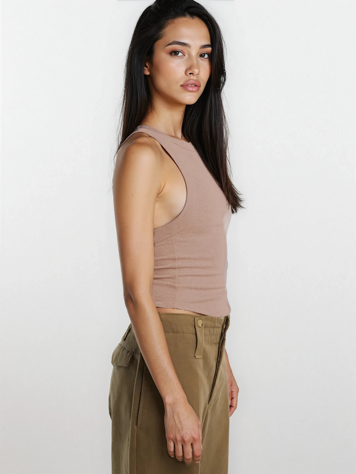 Cropped halter neck rib-knit sleeveless tank with back cutout