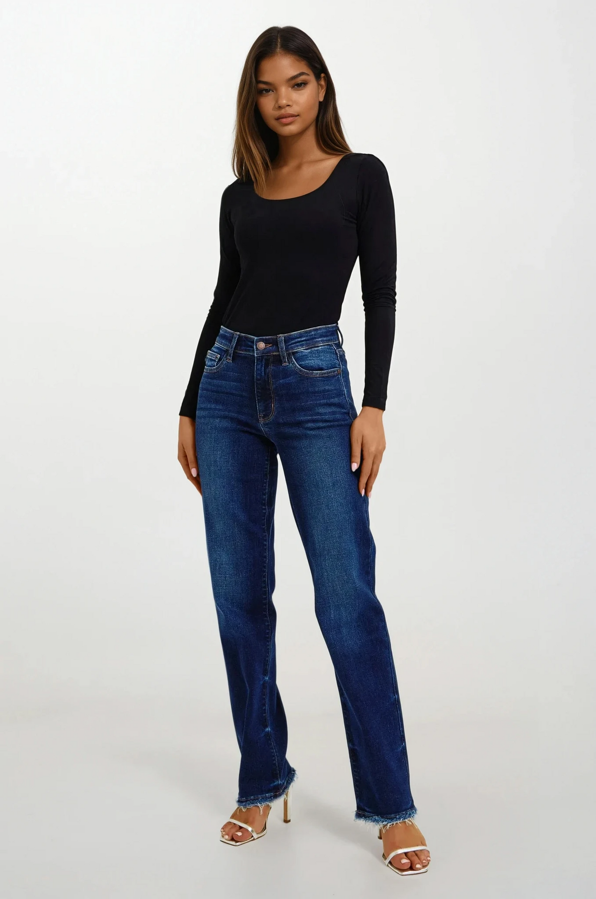 High-waist raw hem straight leg jeans for a flattering fit