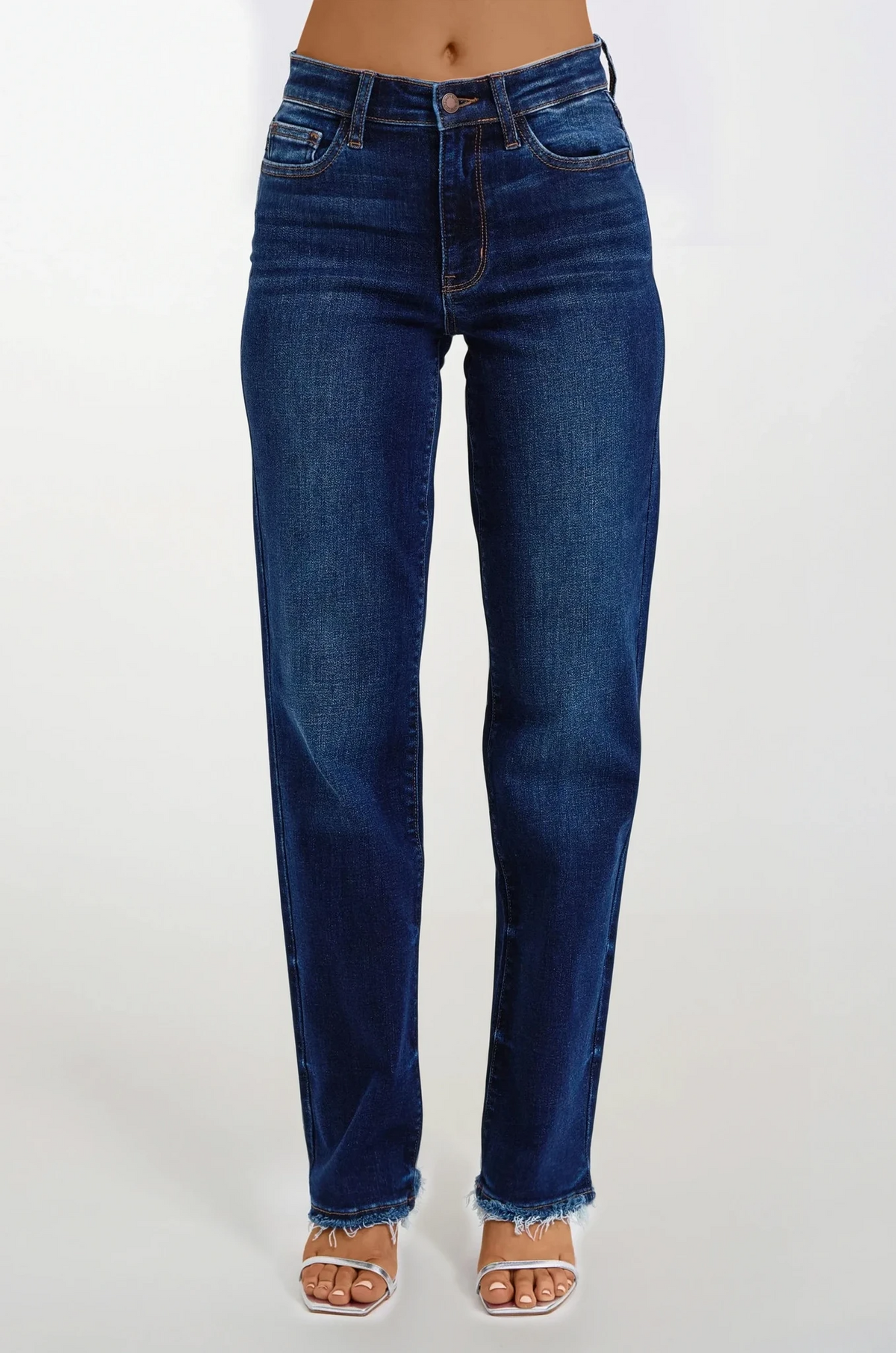 High-waist raw hem straight leg jeans with slight stretch