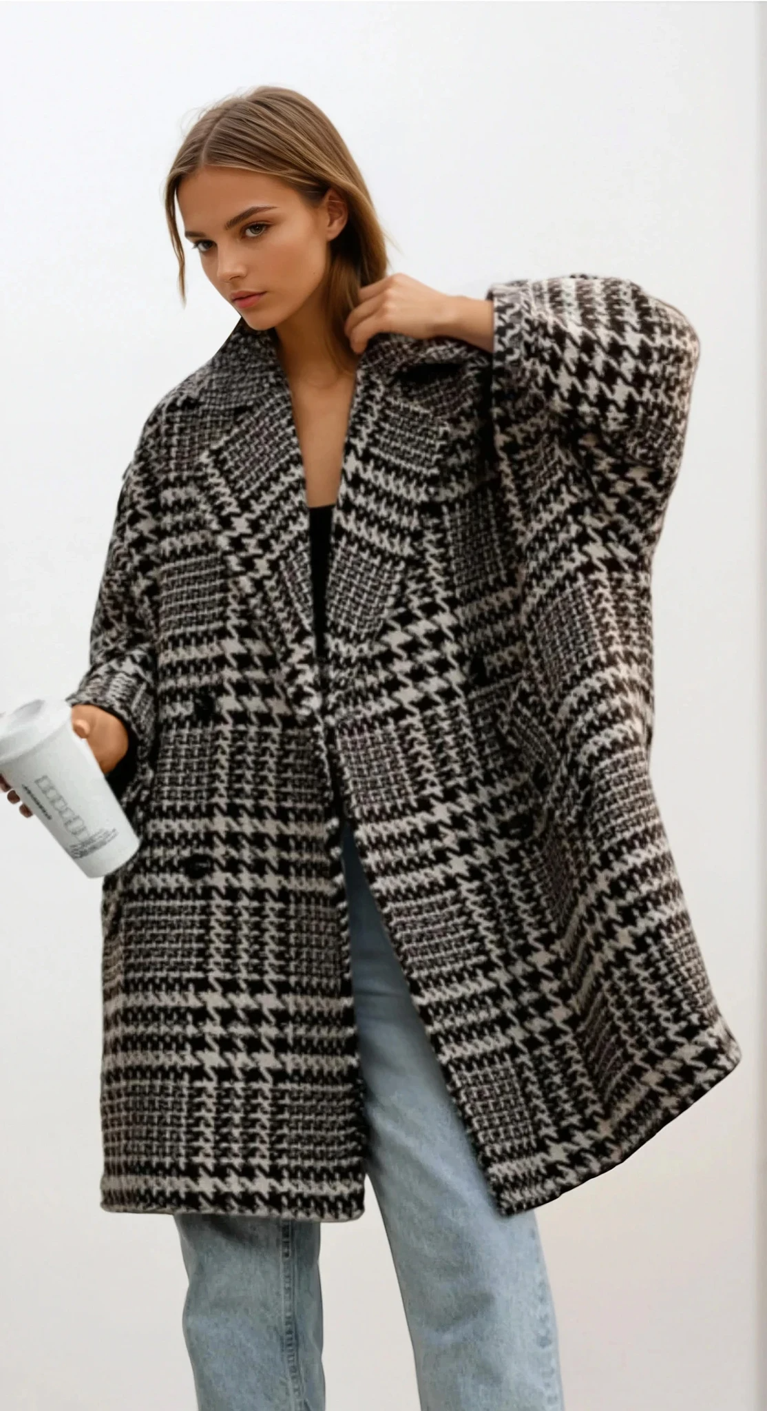 classic houndstooth collared neck long sleeve peacoat with buttons