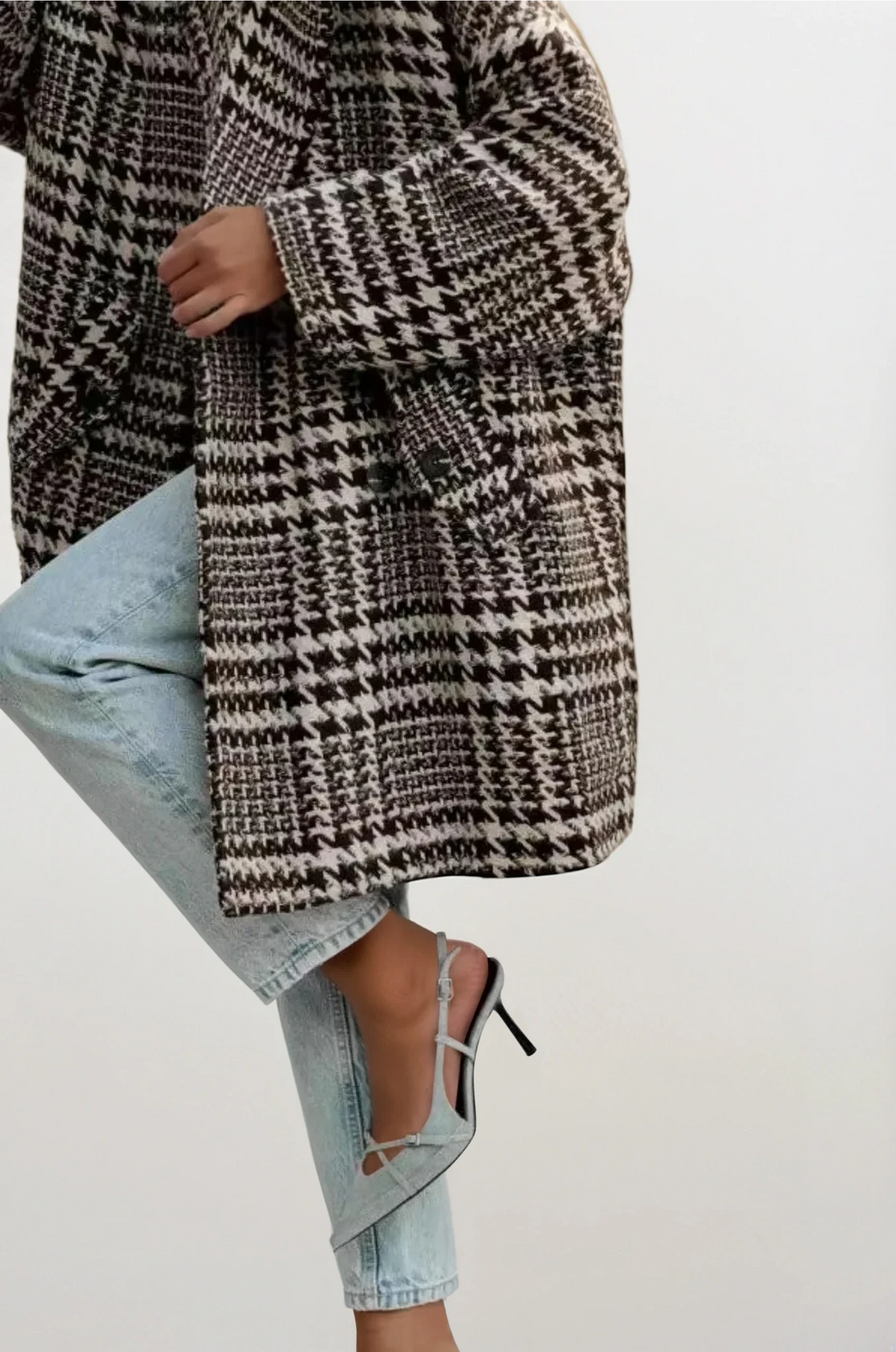 classic houndstooth collared neck long sleeve peacoat with buttons