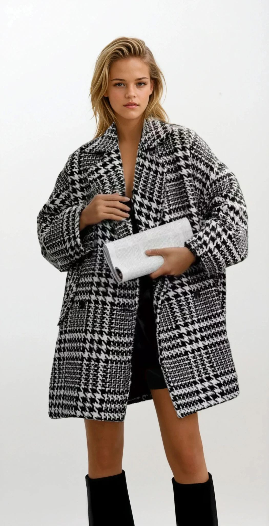 classic houndstooth collared neck long sleeve peacoat with buttons