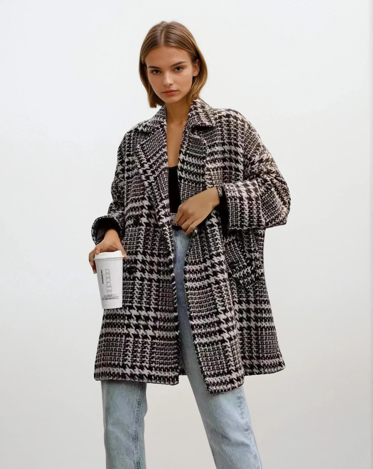 classic houndstooth collared neck long sleeve peacoat with buttons