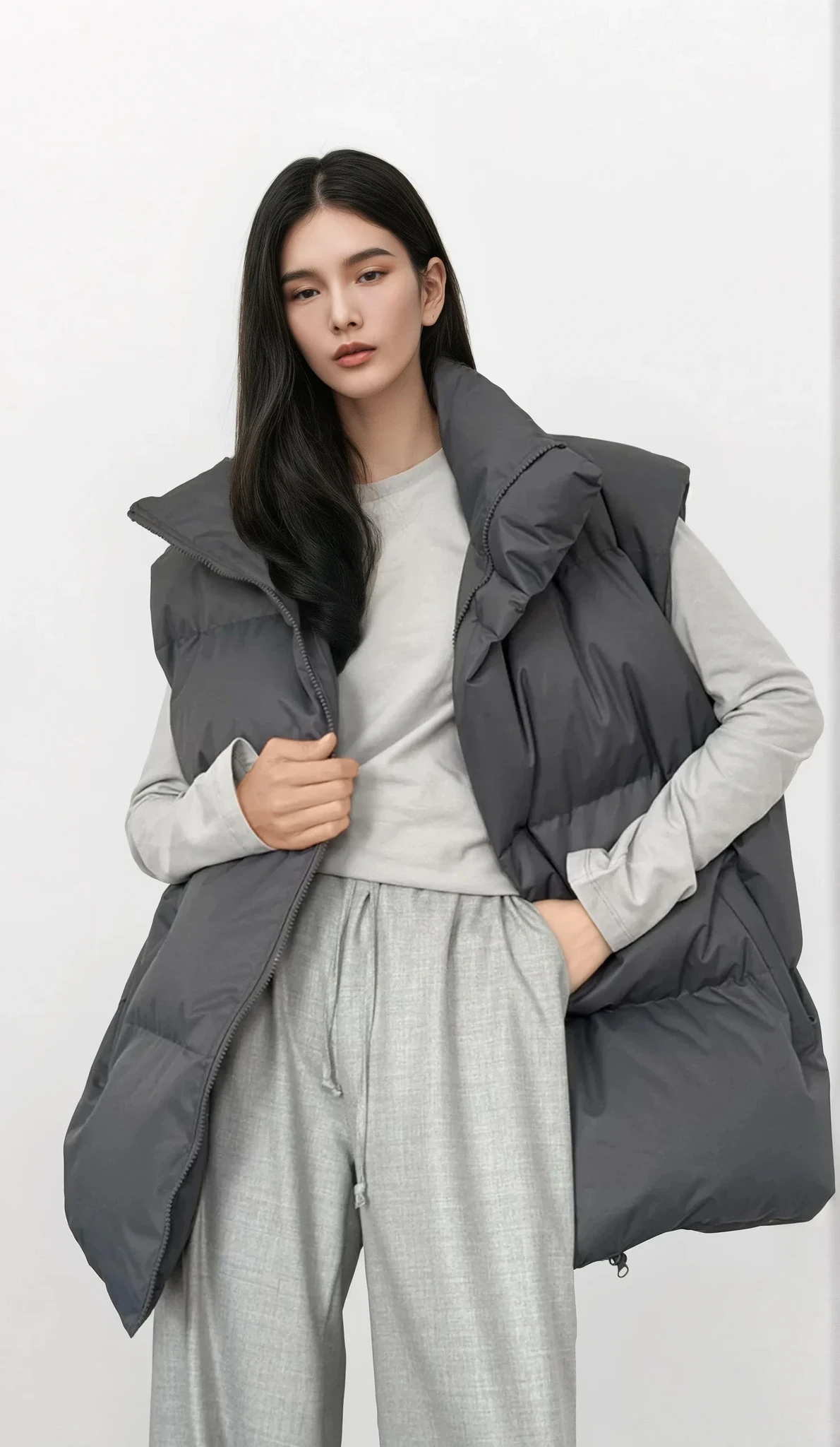 Icy turtleneck puffer vest with full zip and sleeveless design