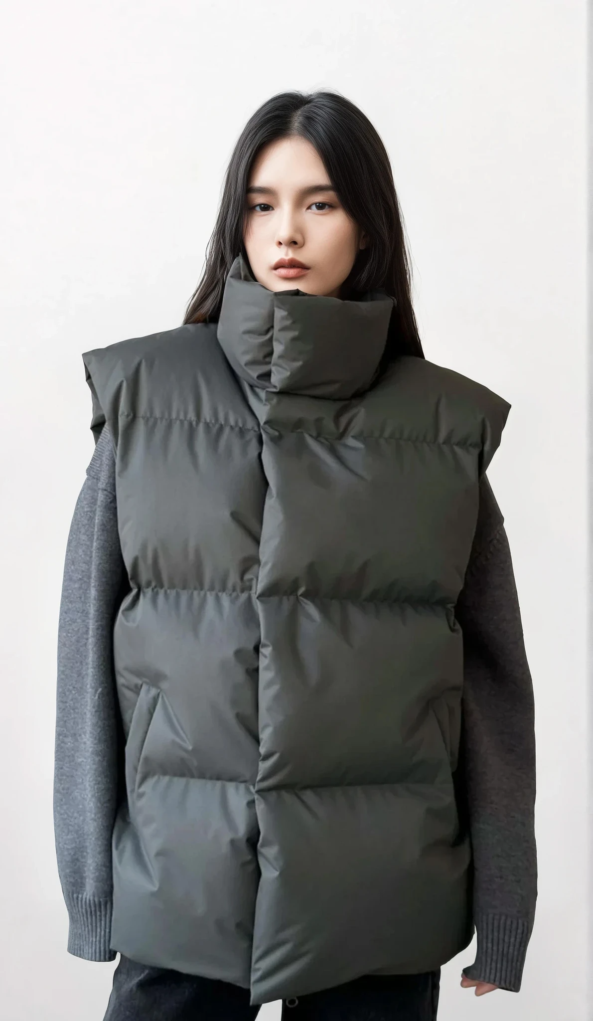 Icy turtleneck puffer vest with full zip front and sleeveless design