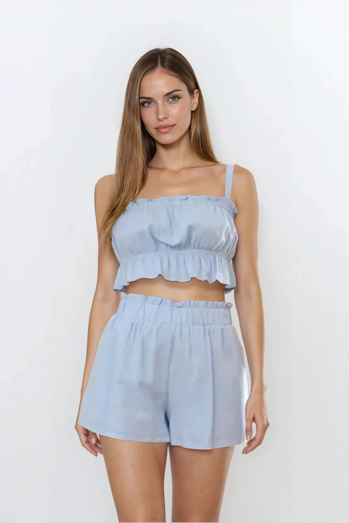 Ines ruffle square neck cami and pocketed short set in lightweight fabric