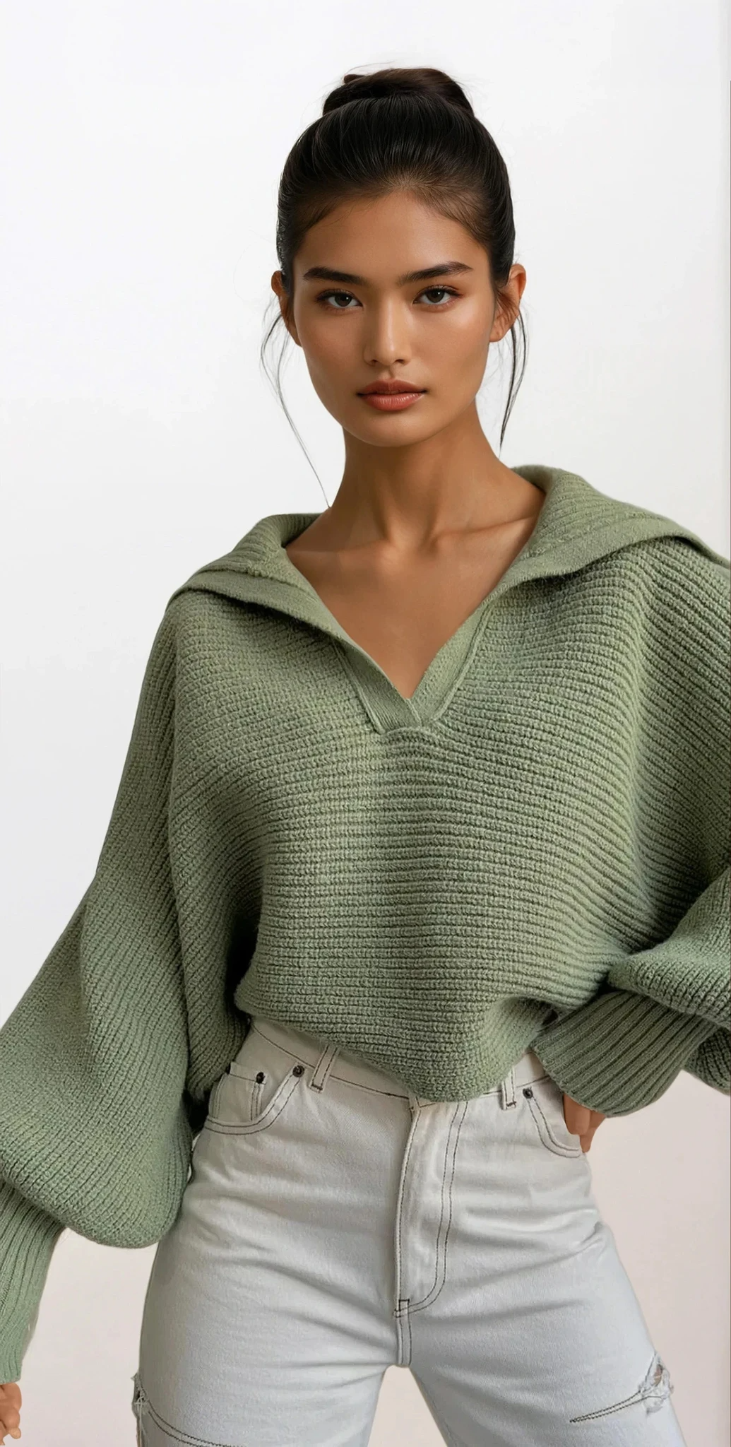 Ivy Johnny Collar rib-knit long sleeve sweater in solid color