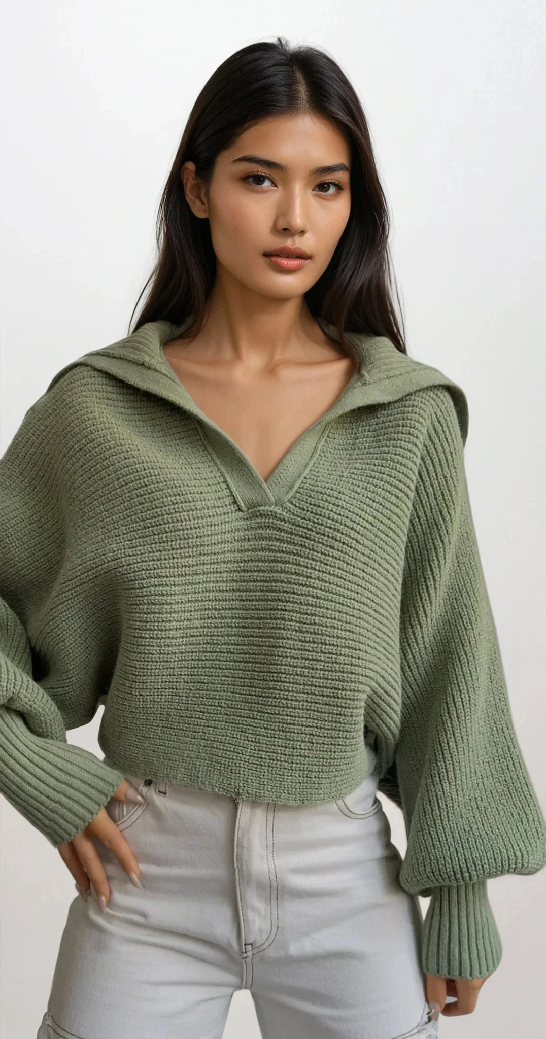 ivy johnny collar rib-knit long sleeve sweater in solid color