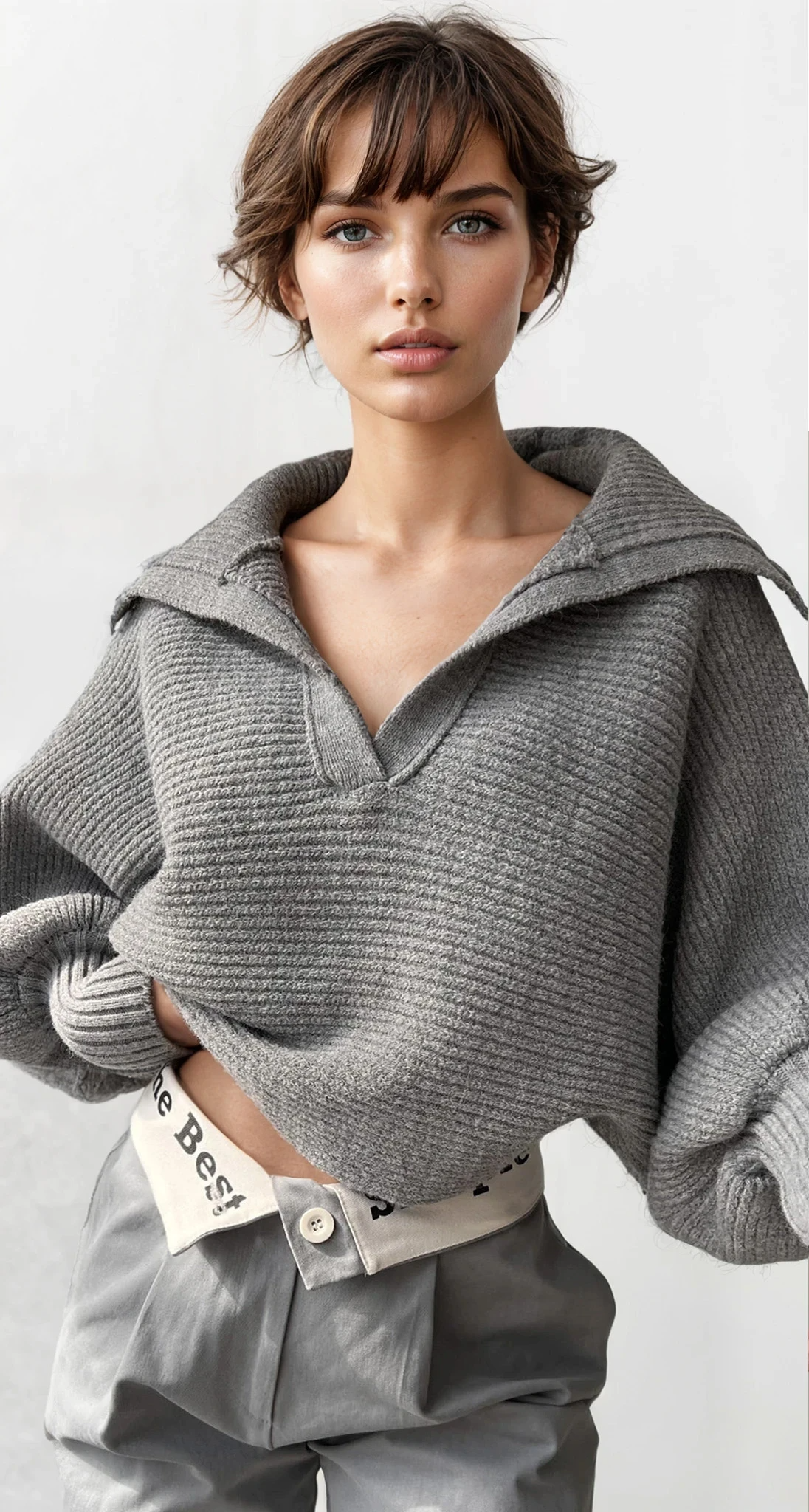 Ivy Johnny Collar rib-knit long sleeve sweater in solid color