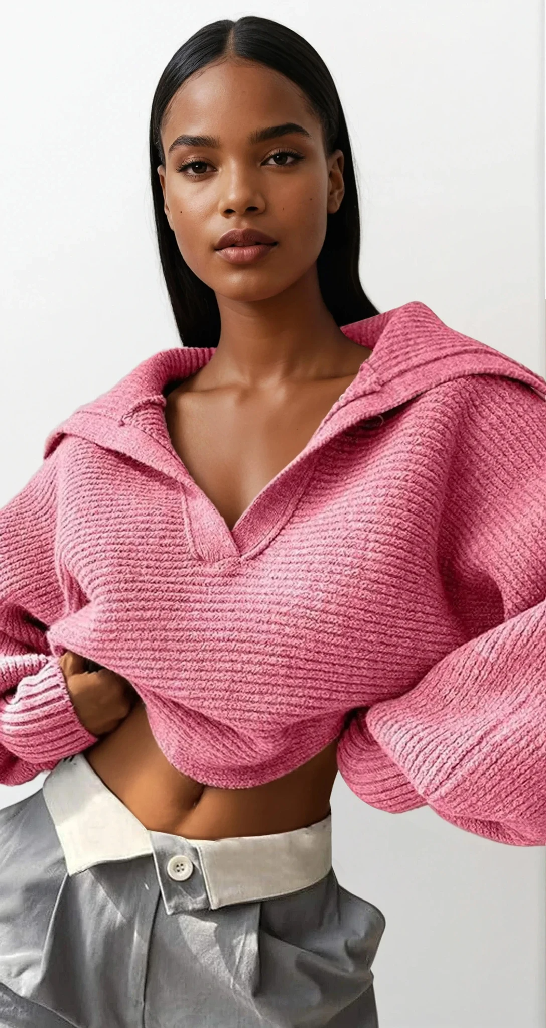 Ivy Johnny Collar rib-knit long sleeve sweater in solid color