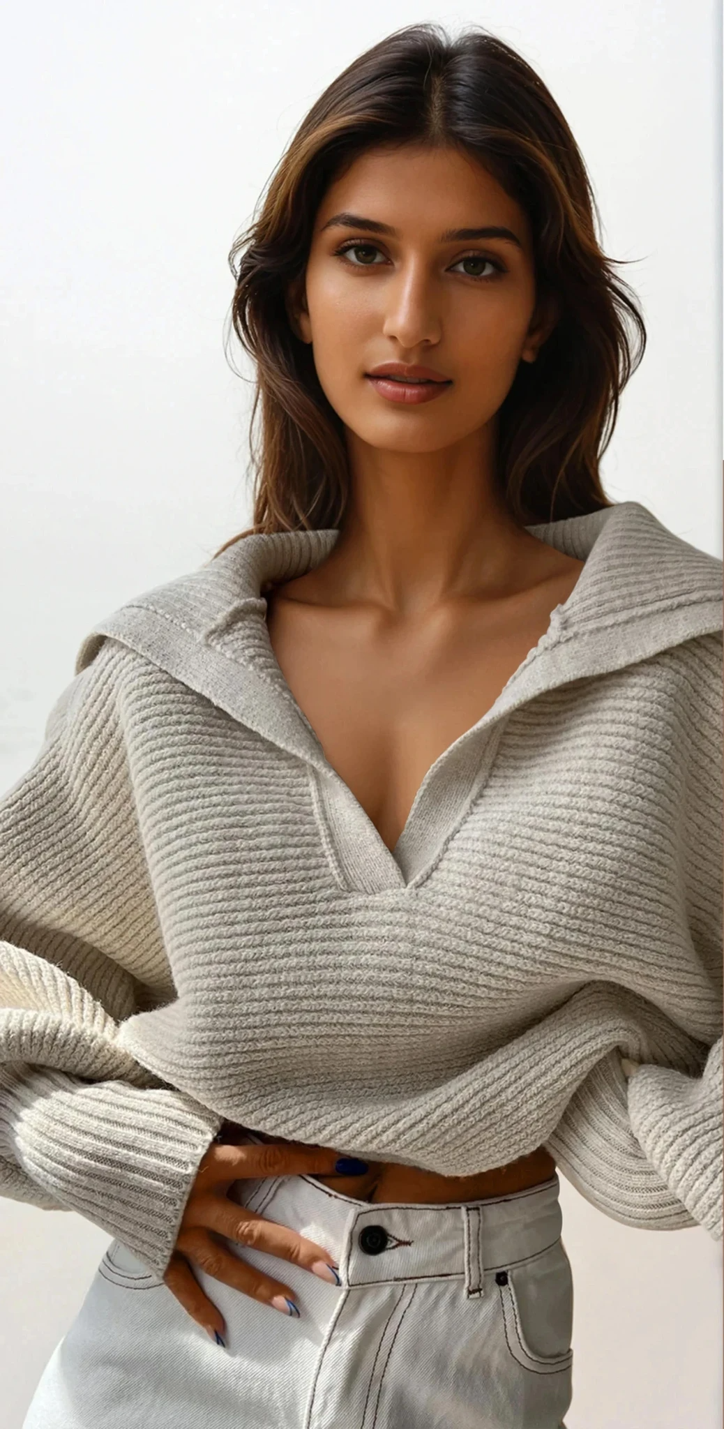 Ivy Johnny collar rib-knit long sleeve sweater in solid pattern