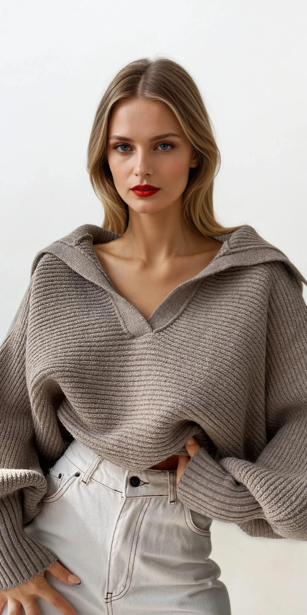 Ivy Johnny Collar rib-knit long sleeve sweater in solid pattern