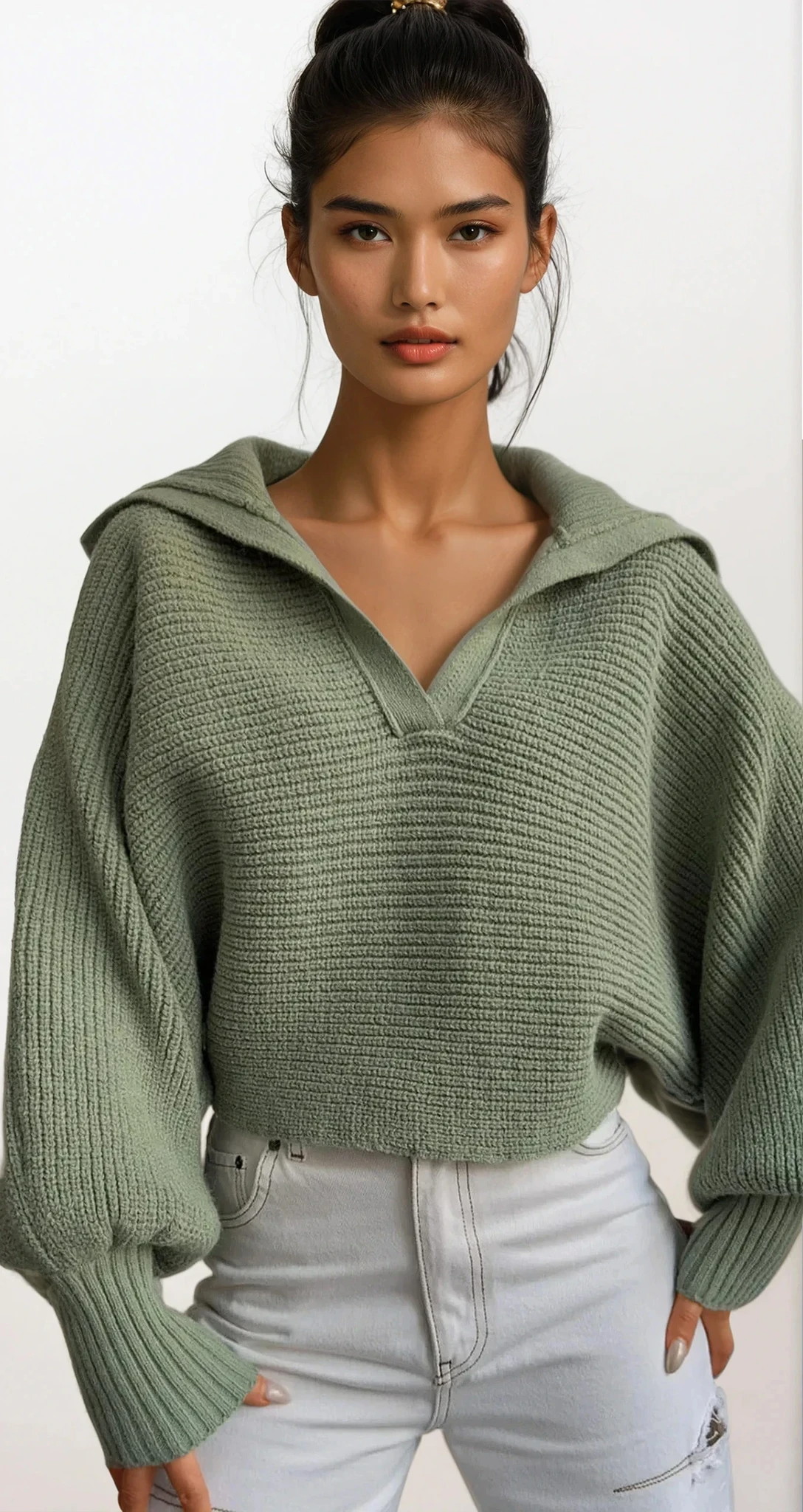 Ivy Johnny Collar rib-knit long sleeve sweater in solid color