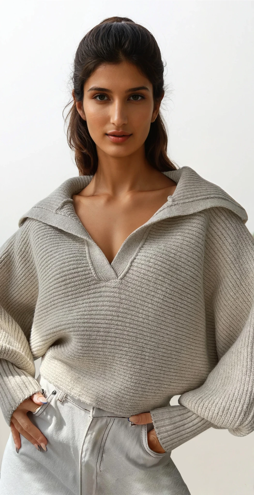 Ivy Johnny collar rib-knit long sleeve sweater in neutral color
