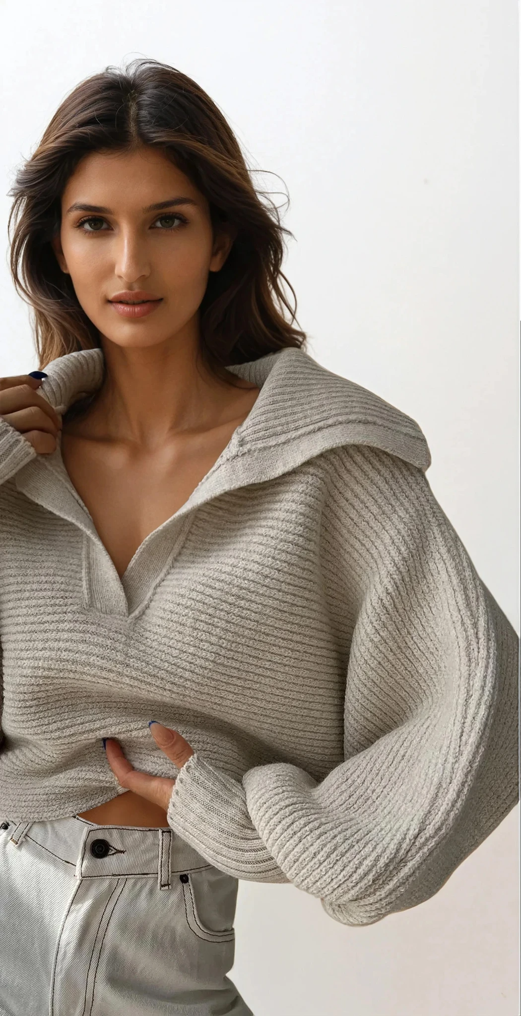 ivy johnny collar rib-knit long sleeve sweater in neutral tone