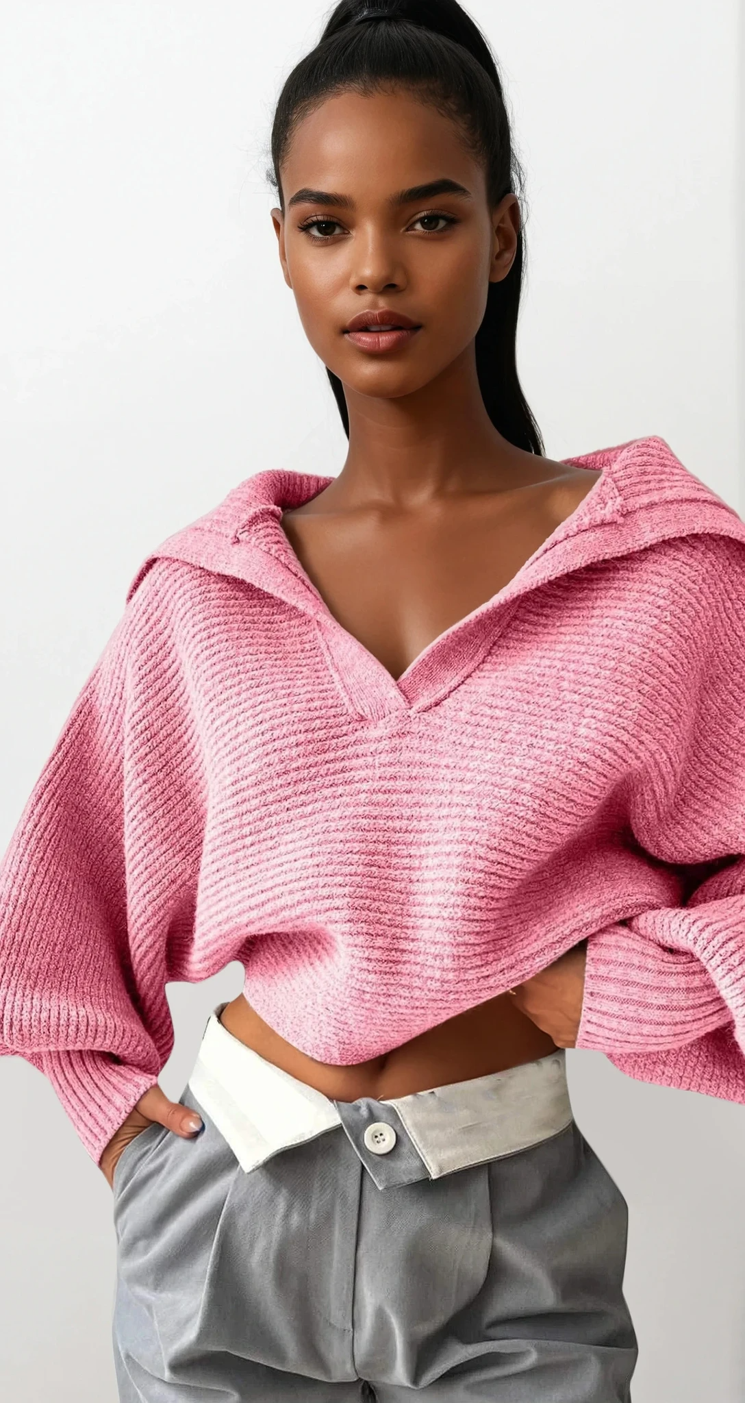Ivy Johnny Collar rib-knit long sleeve sweater in solid color
