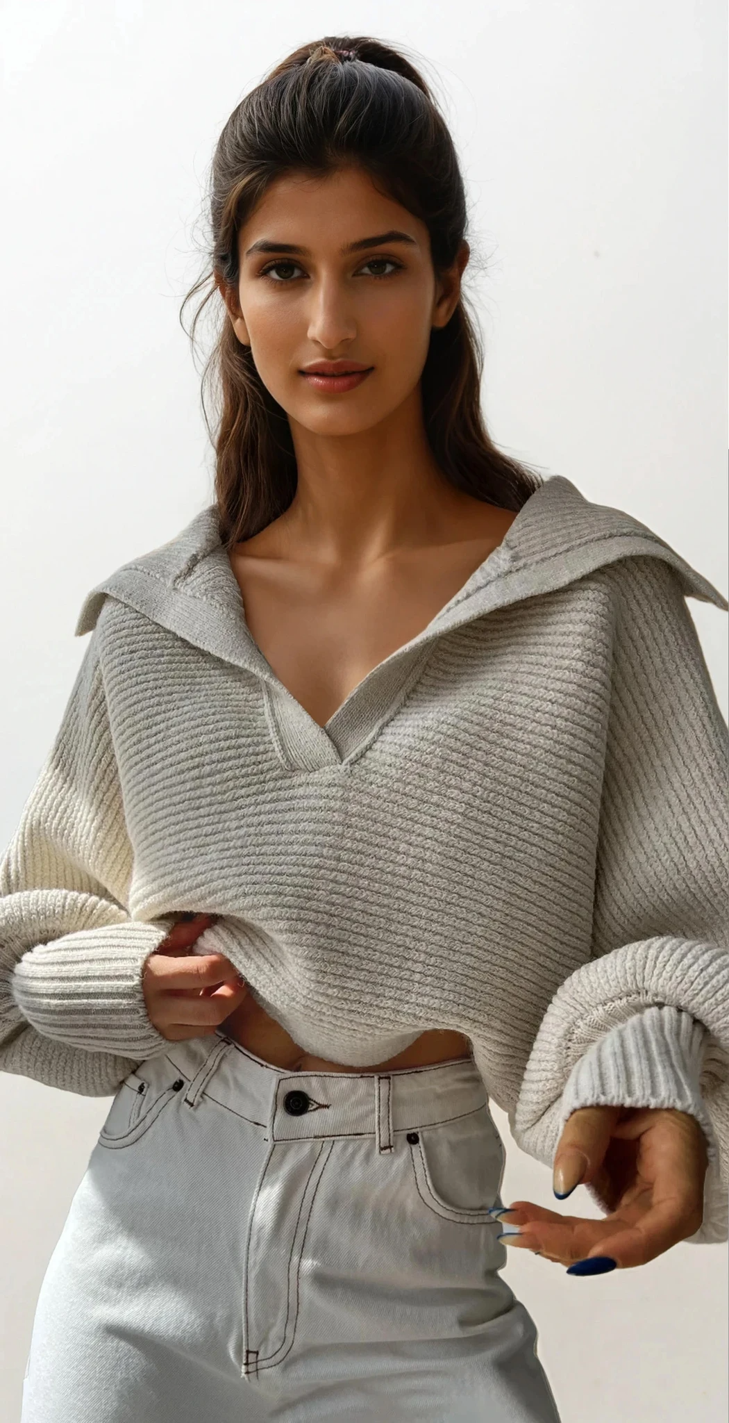 Ivy Johnny Collar rib-knit long sleeve sweater in solid color