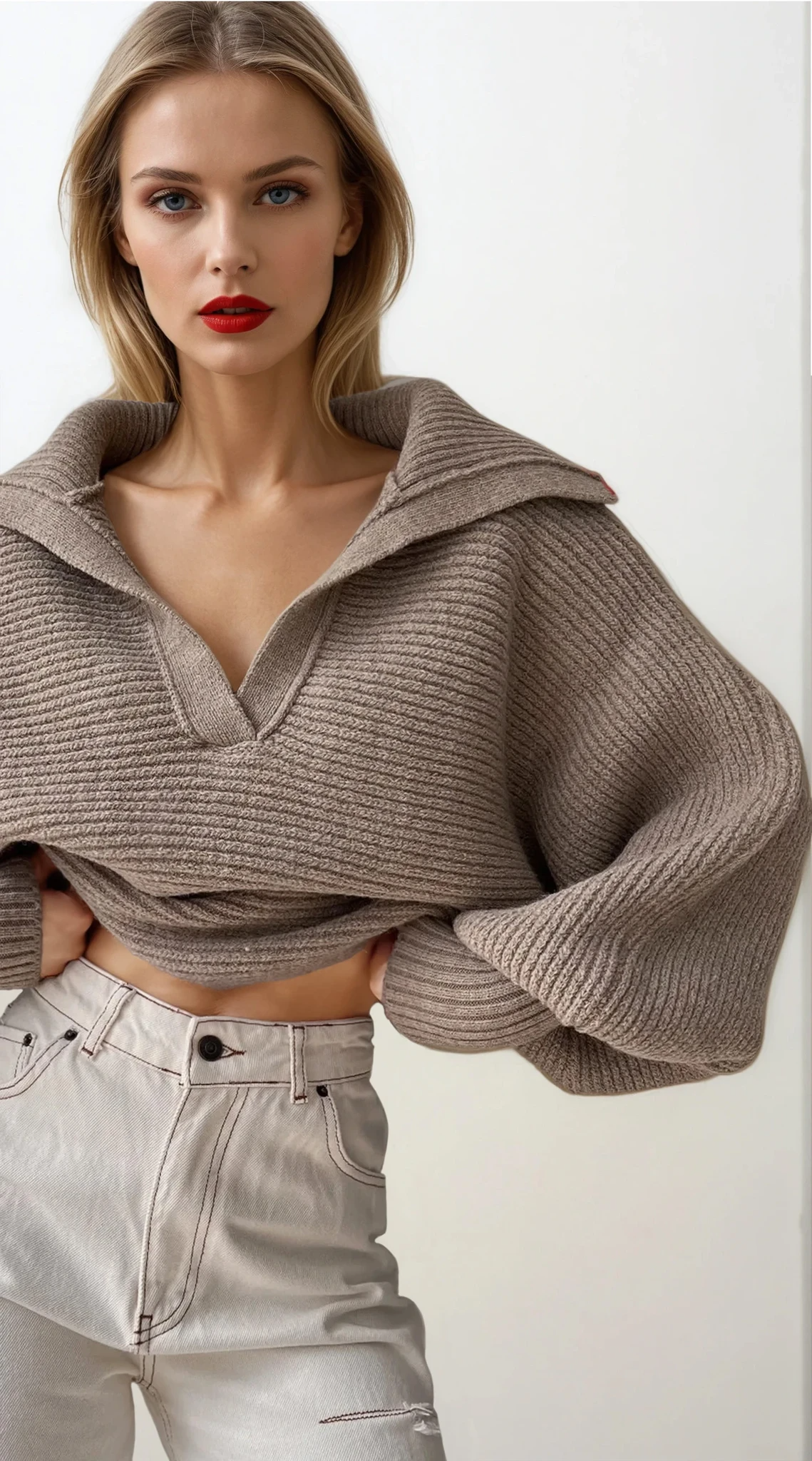 Ivy Johnny Collar long sleeve rib-knit sweater in solid color