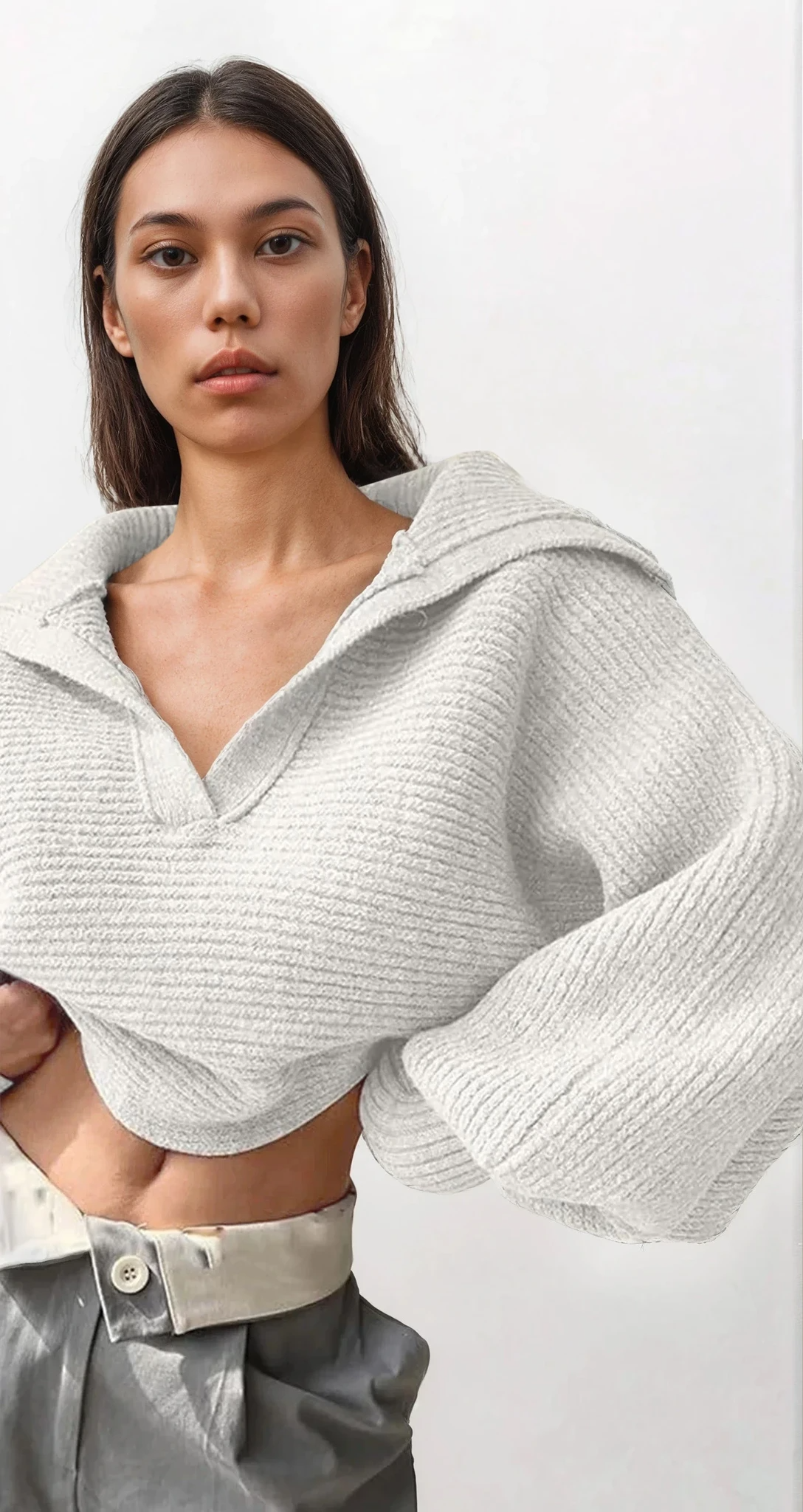 Ivy Johnny Collar rib-knit long sleeve sweater in solid pattern