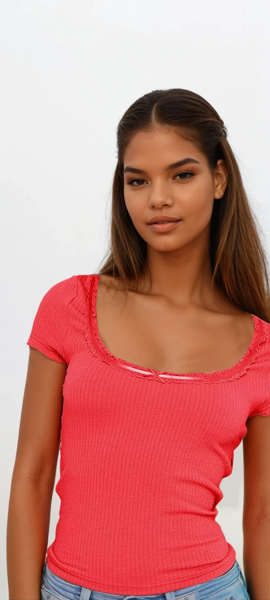 Lace trim scoop neck short sleeve top in solid color