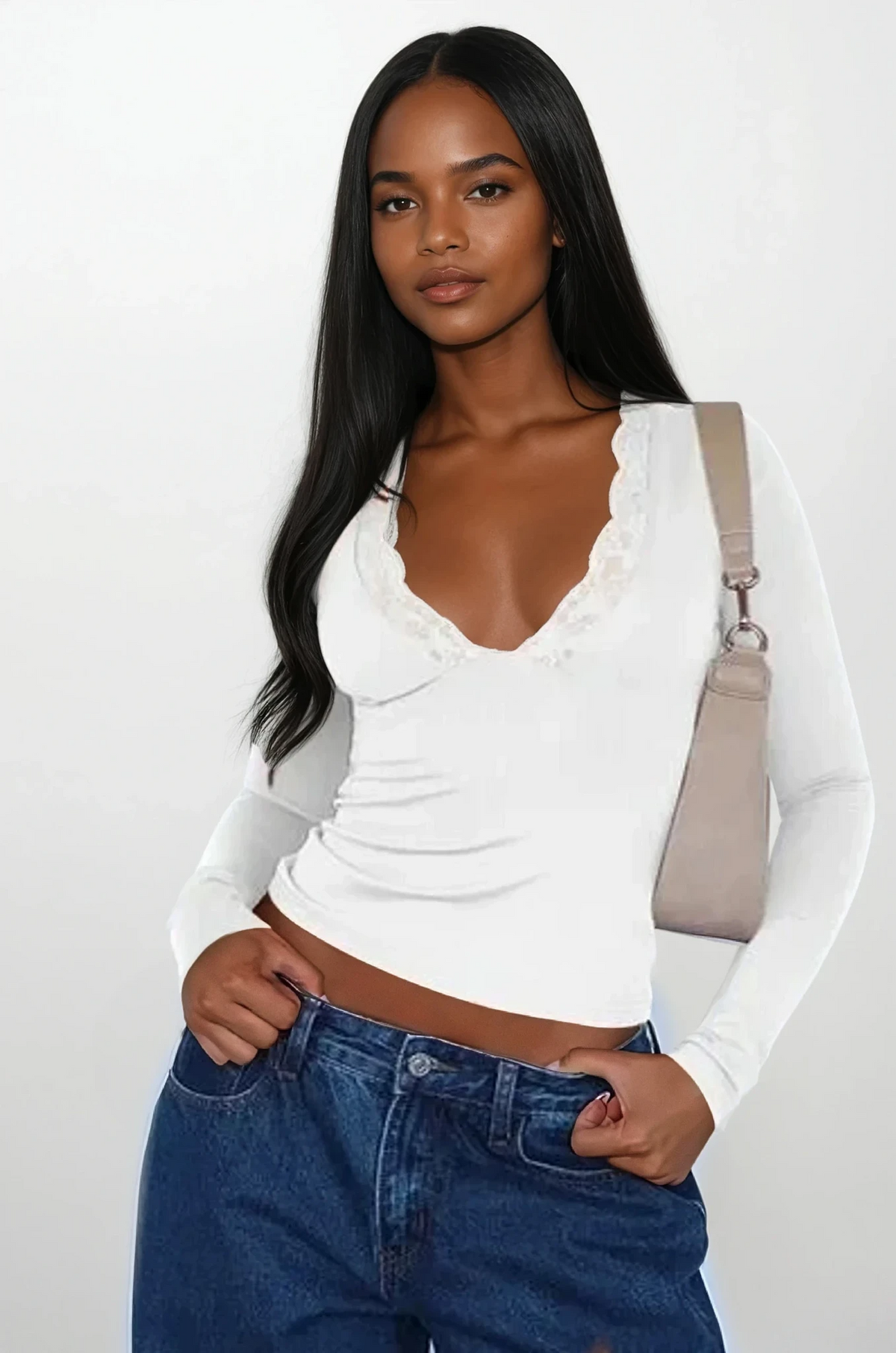 lace trim v-neck long sleeve women's top