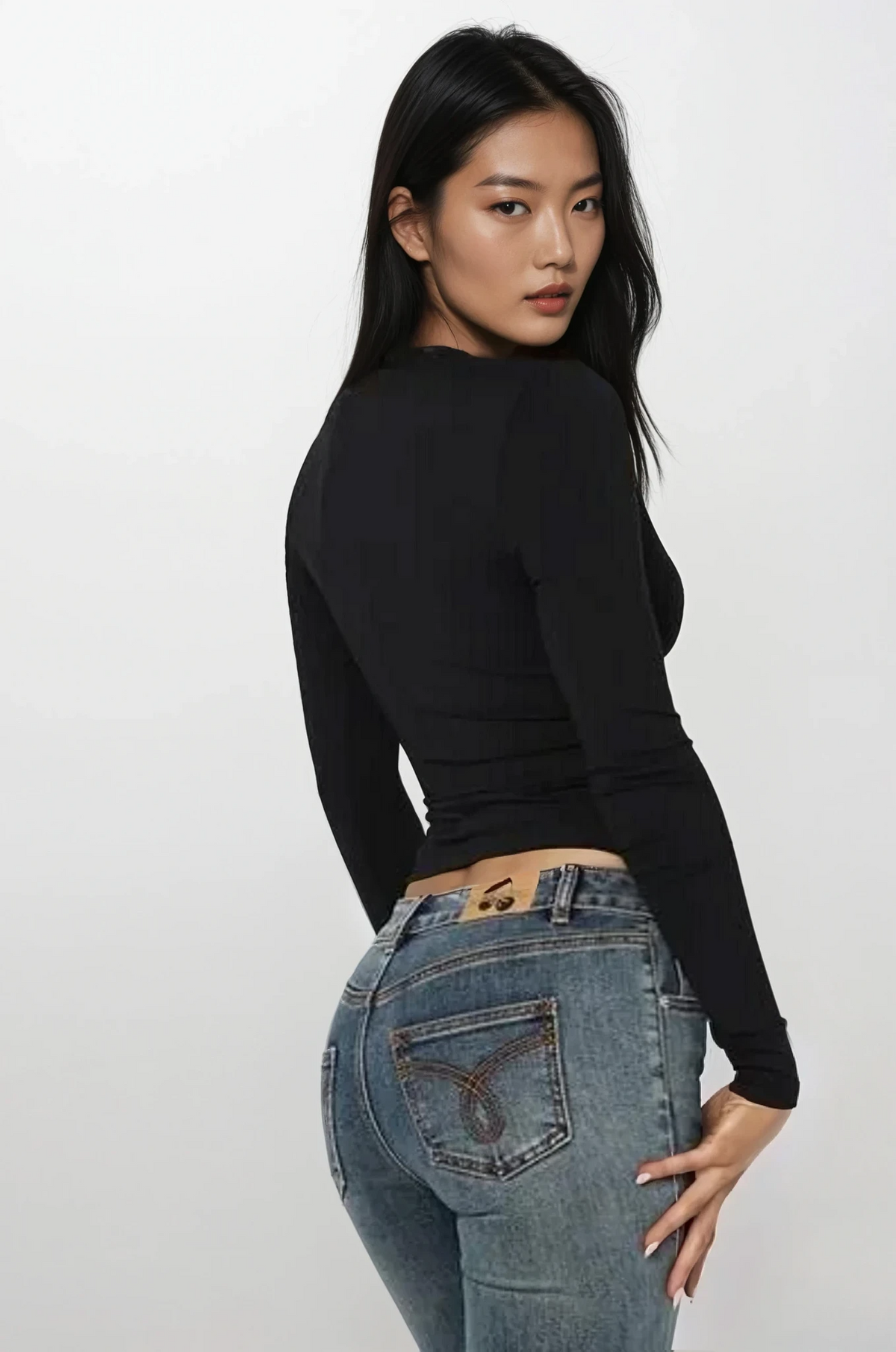 lace trim v-neck long sleeve top with solid pattern
