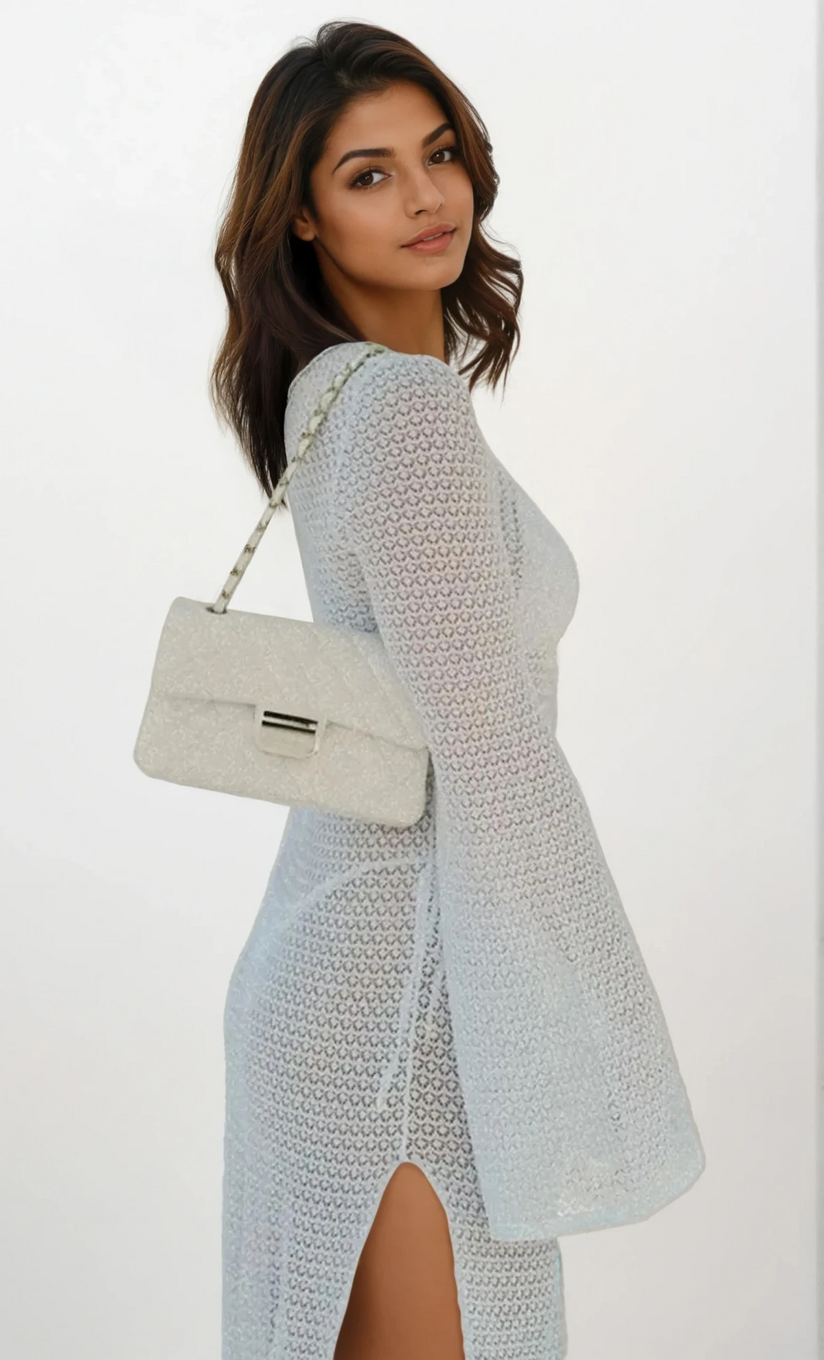 Lagoon slit flare sleeve cover-up dress with sheer panels and leg slit