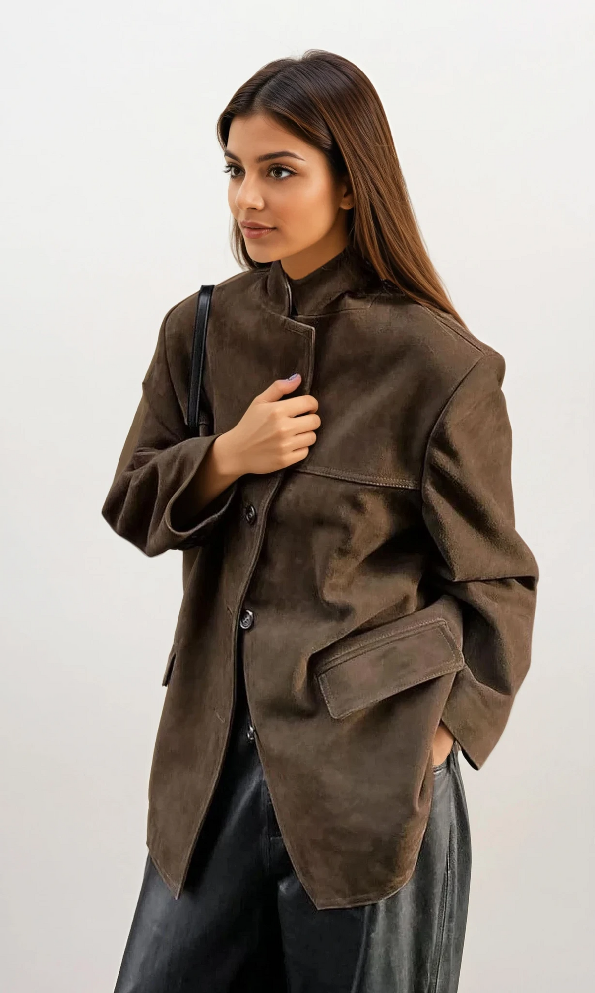 Lapel collared neck button-up jacket with pockets and long sleeves