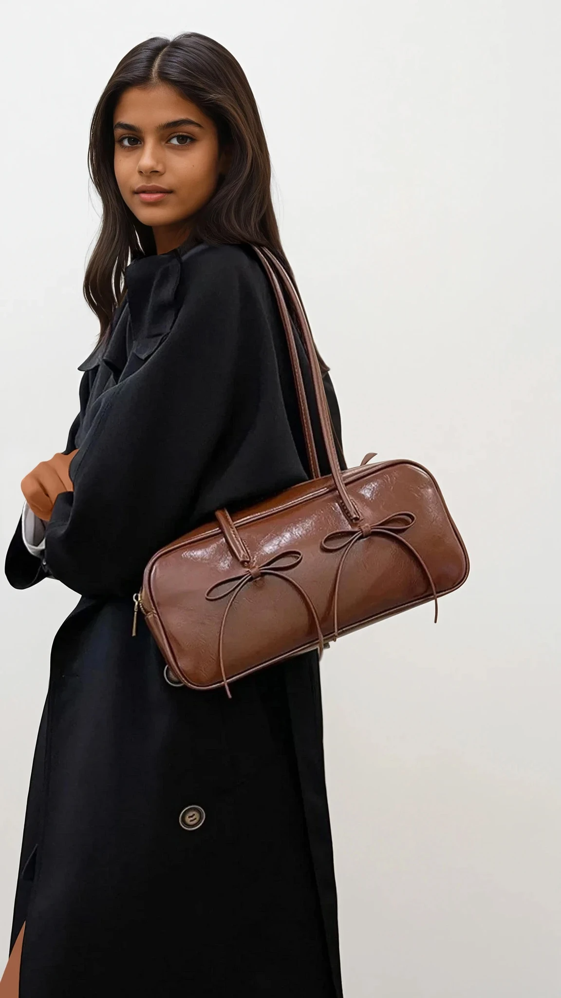 Leather bow trim shoulder bag with charming bows and solid pattern