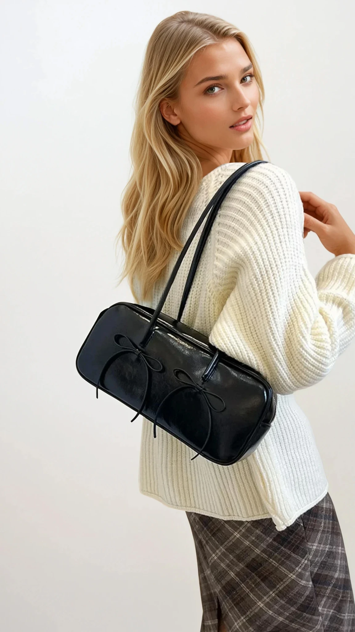 Leather bow trim shoulder bag in lightweight PU leather