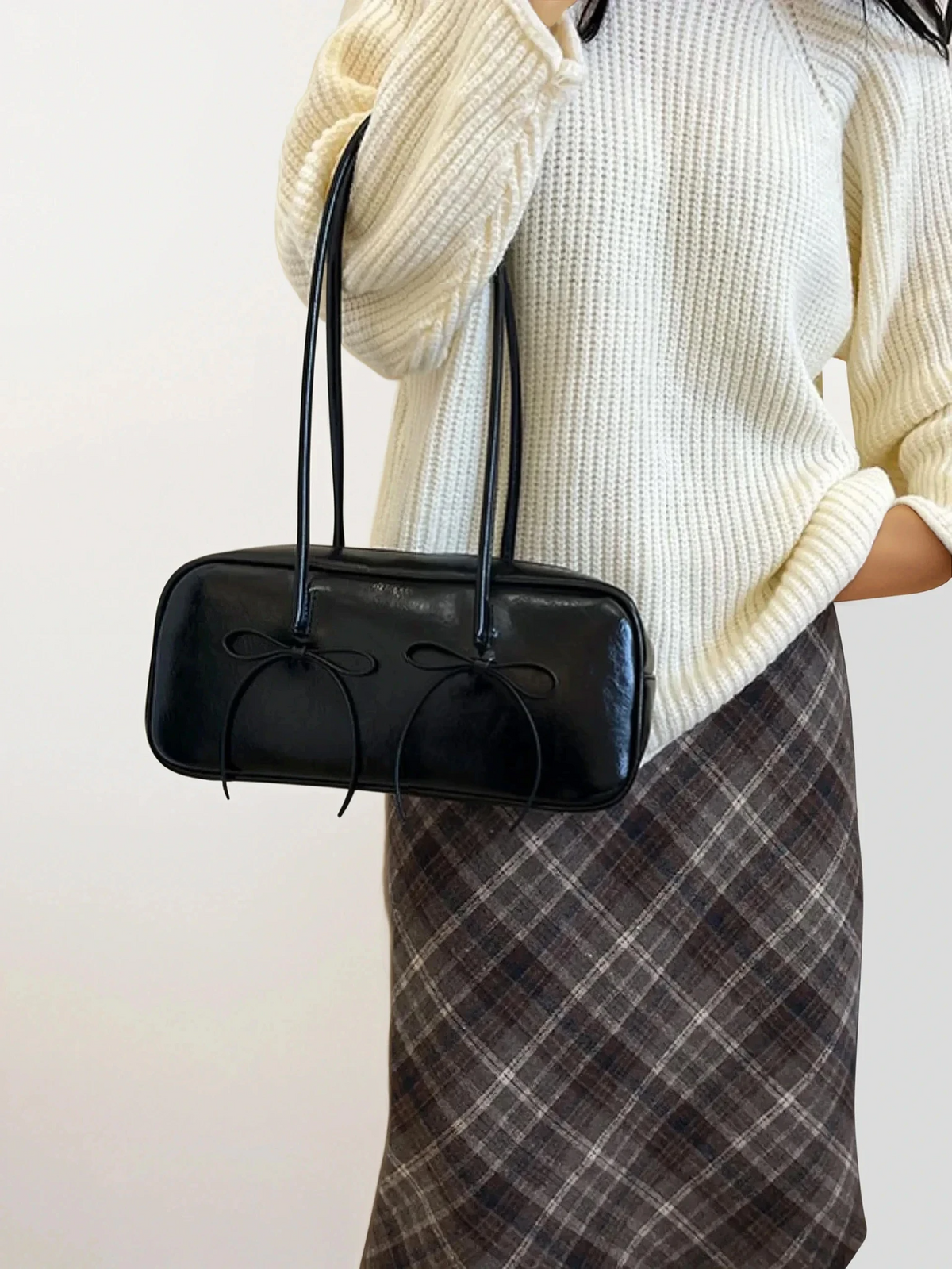 Leather bow trim shoulder bag with charming bows and lightweight PU leather